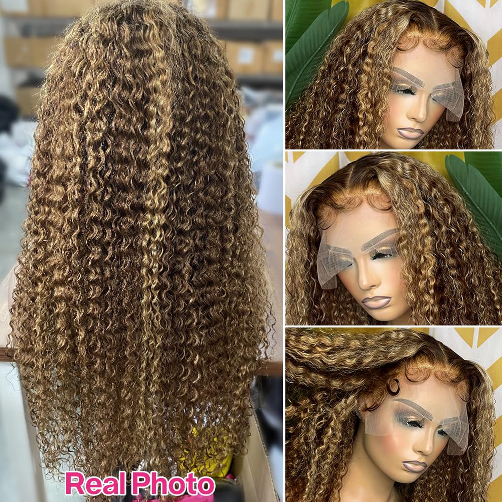 CYNOSURE Ombre Highlight Lace Front Wigs 180% Density Human Hair - Honey Blonde Curly 13x5 Lace Frontal Wig with Pre-Plucked Hairline (20 Inch) for Daily Wear, Parties & Special Occasions