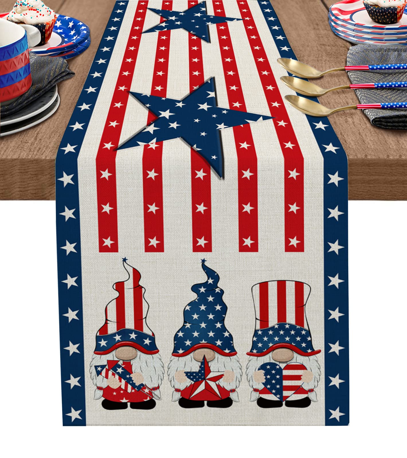 American Flag Day Gnome Table Runner - 13x90 Inch Patriotic Stripe & Star Design - Washable for Round, Kitchen, Coffee & Dining Tables - Perfect for Independence Day & Home Decor