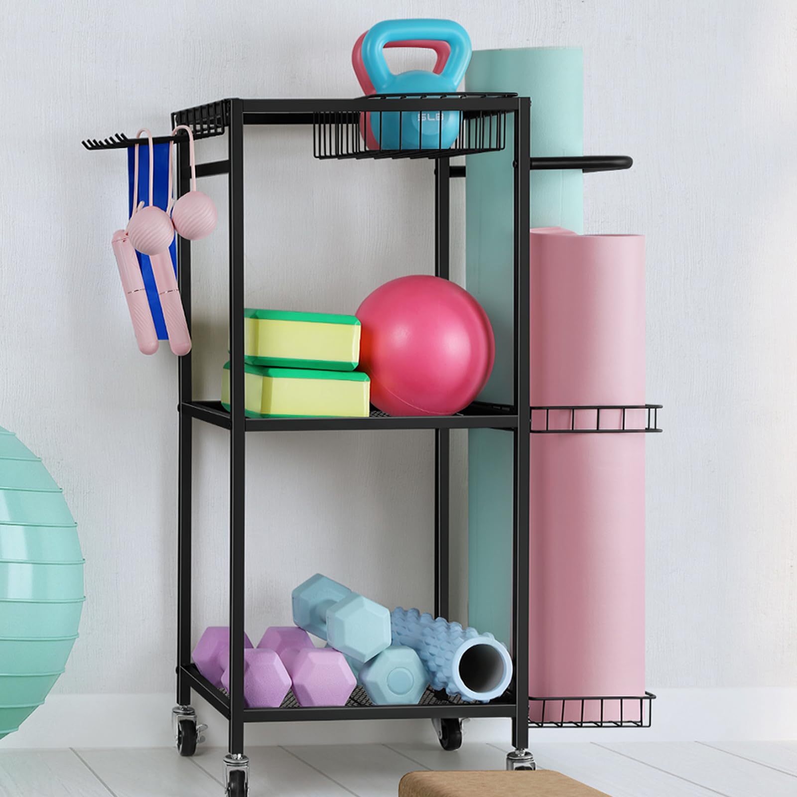 Dumbbell Weight Rack & Yoga Mat Storage Organizer - Heavy Duty Home Gym Equipment Stand for Dumbbells, Kettlebells, Foam Rollers & Resistance Bands with Hooks - Space Saving Workout Gear Cart for Home Gym, Garage or Fitness Studio (Black)