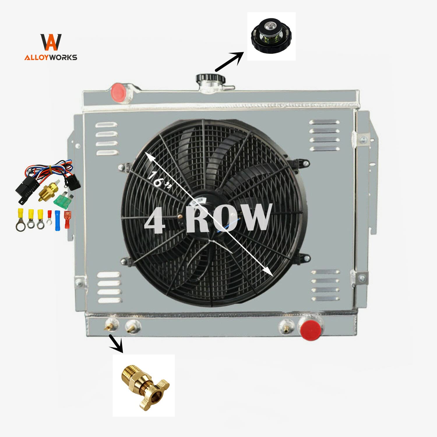 ALLOYWORKS 4 Row Full Aluminum Radiator with Shroud Fan & Relay Kit for 1979-1993 Dodge D/W Series 100-350 & Ramcharger | 5.2L 5.9L V8 Gas Engine | Heavy-Duty Cooling Upgrade for Towing & Off-Road Performance