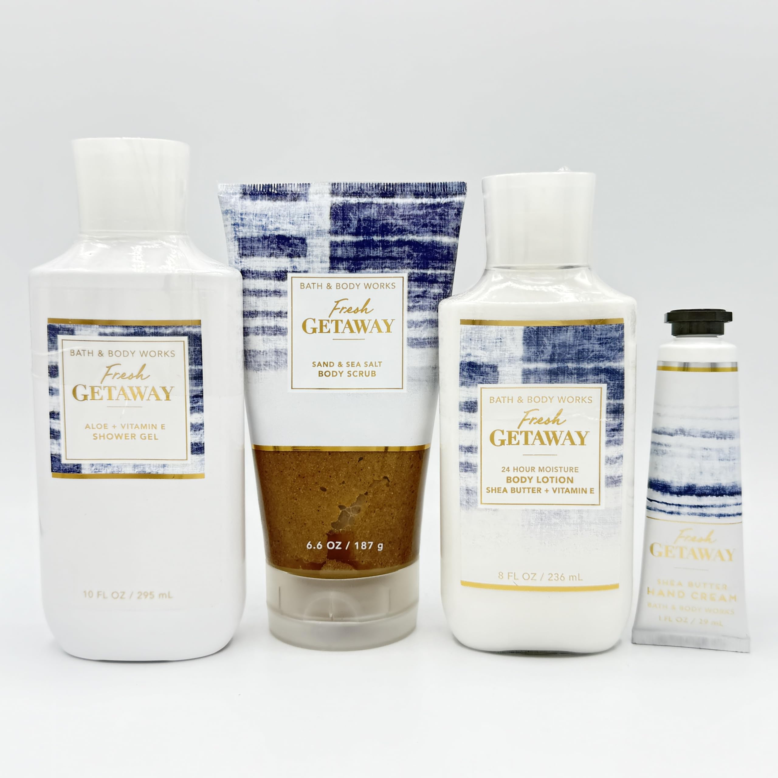 Fresh Getaway 4-Piece Bath & Body Gift Set - Moisturizing Shower Gel, Exfoliating Sea Salt Body Scrub, Hydrating Body Lotion & Nourishing Hand Cream | Spa Day Essentials, Relaxing Self-Care Routine, Perfect Gift for Women