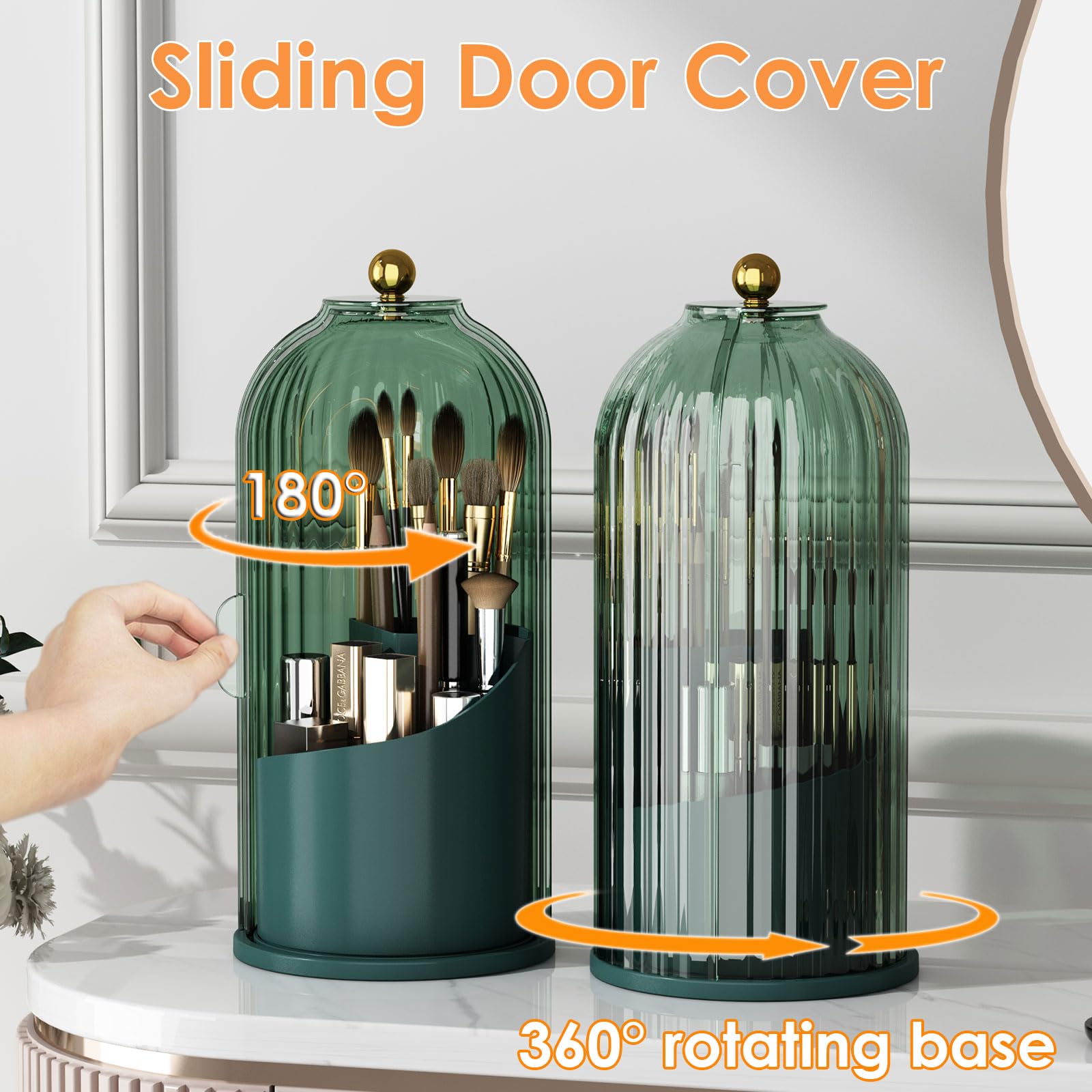360° Rotating Clear Makeup Brush Holder with Lid - Dustproof Vanity Organizer for Bathroom & Countertop - Perfect for Makeup Storage & Display (Green)