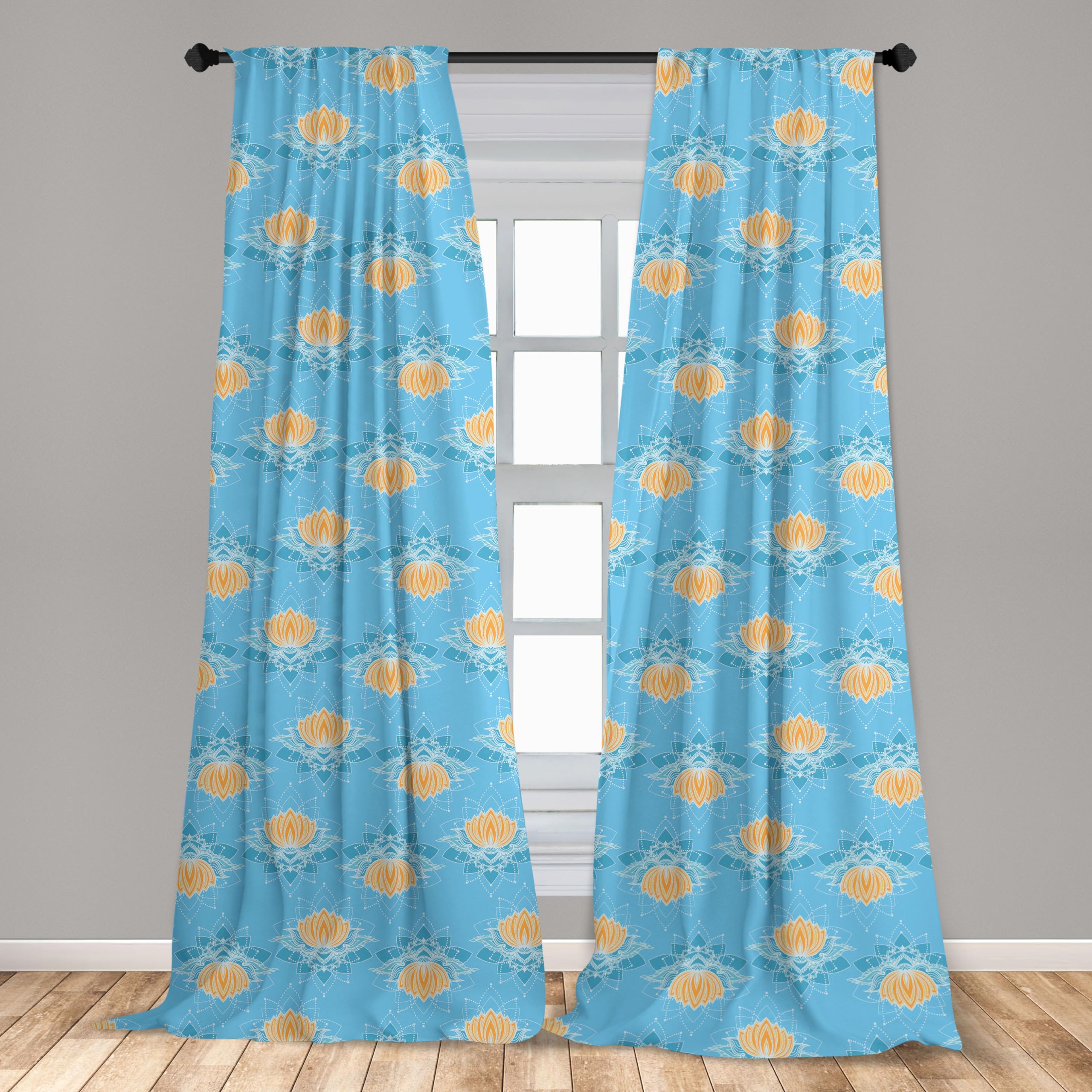 Ambesonne Lotus Curtains - Japanese Themed Floral Design with Geometric Lines & Dots, 2 Panel Window Treatments for Living Room & Bedroom (28