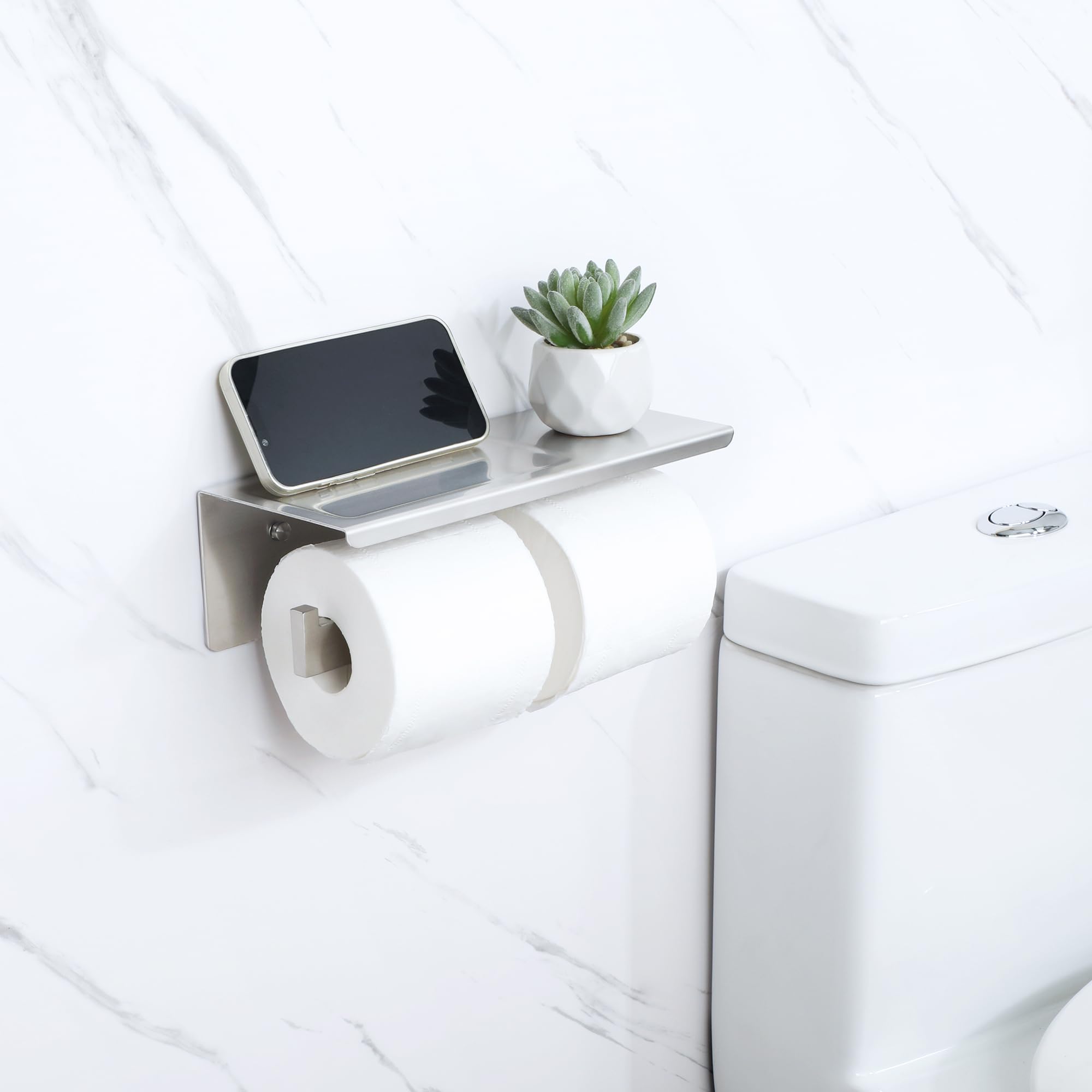 Alise Double Toilet Paper Holder - SUS304 Stainless Steel Bathroom Tissue Roll Holder with Shelf | Wall Mount or Self-Adhesive Installation | Brushed Nickel Finish | Perfect for Small Bathrooms, Powder Rooms & RVs