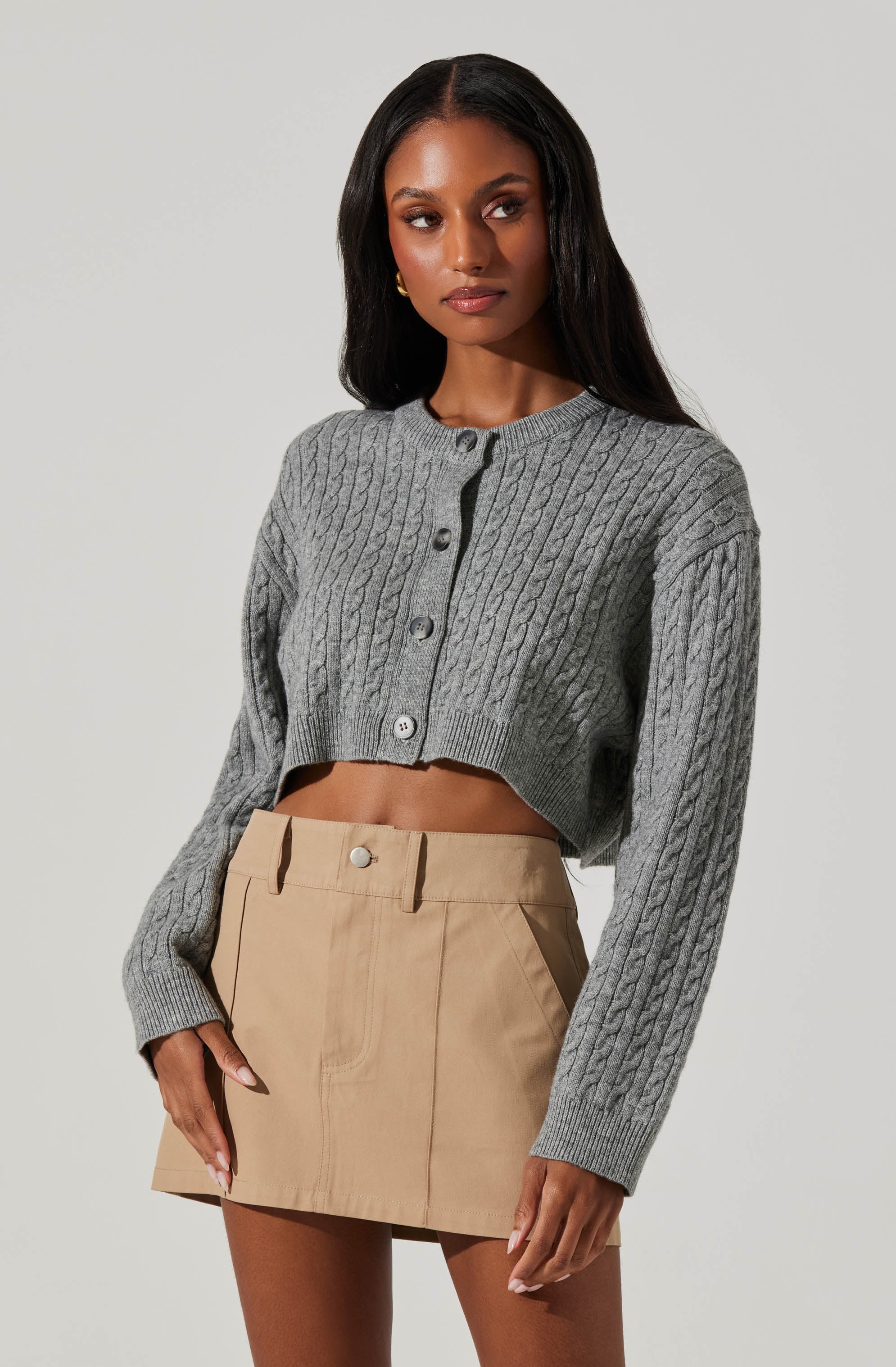 Sebille Cropped Cable Knit Cardigan Sweater for Women - Cozy Winter Pullover, Casual Fall Layering, Office Outfit, Date Night Fashion