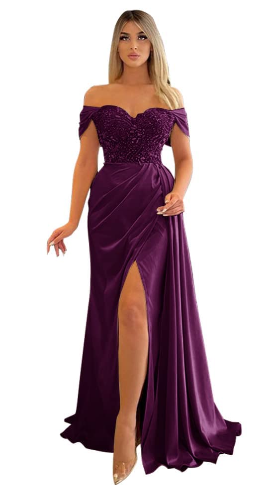 Elegant Off Shoulder Beaded Prom Dresses 2024 | Mermaid Slit Formal Evening Gowns for Women with Train | Perfect for Weddings, Galas & Red Carpet Events
