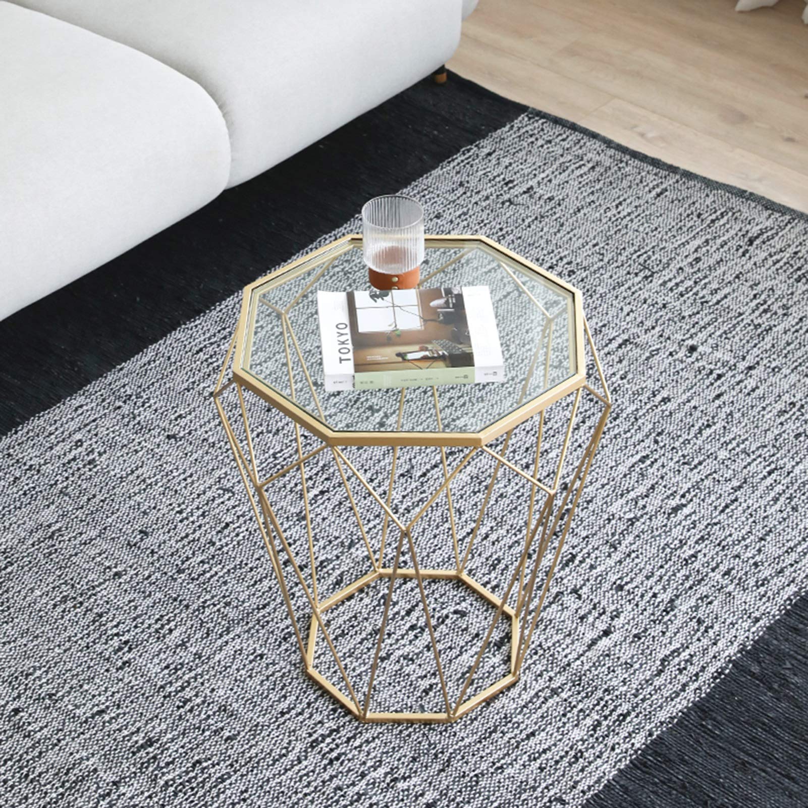 Nordic Octagon Iron Art Coffee Table - 46x56CM Transparent Tempered Glass Top with Gold Frame for Living Room, Balcony, Bedroom & Snack Time