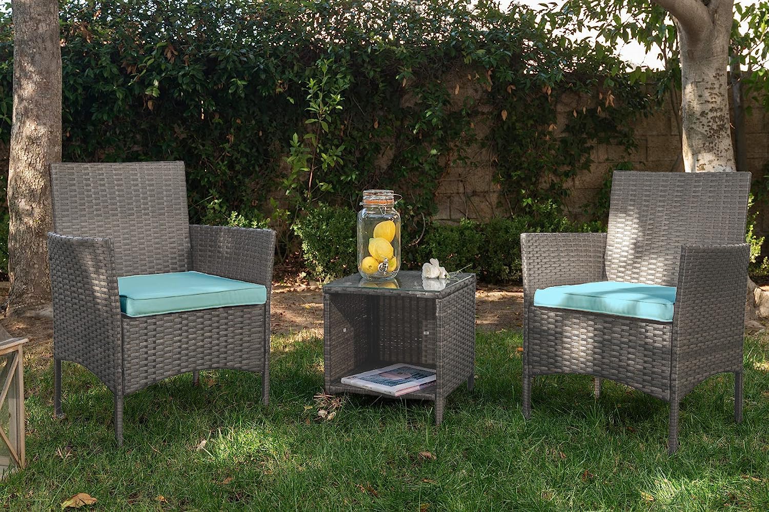 Barton 3-Piece Wicker Patio Furniture Set with Glass Table - Modern Rattan Outdoor Conversation Seating in Aqua - Perfect for Garden, Poolside, and Backyard Relaxation