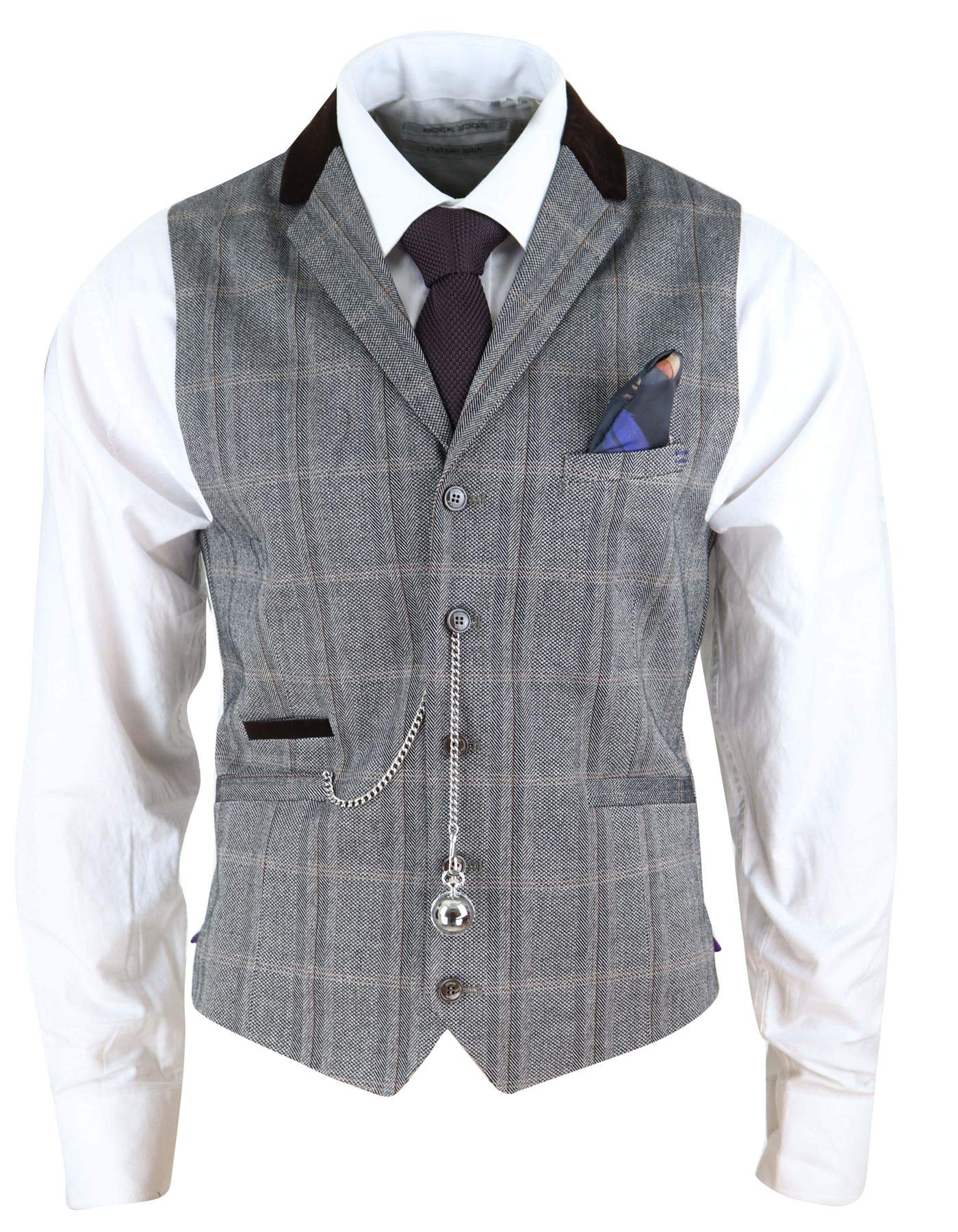 House Of Cavani Men's Navy Check Waistcoat with Pocket Watch - Formal Vest for Weddings, Business & Special Occasions