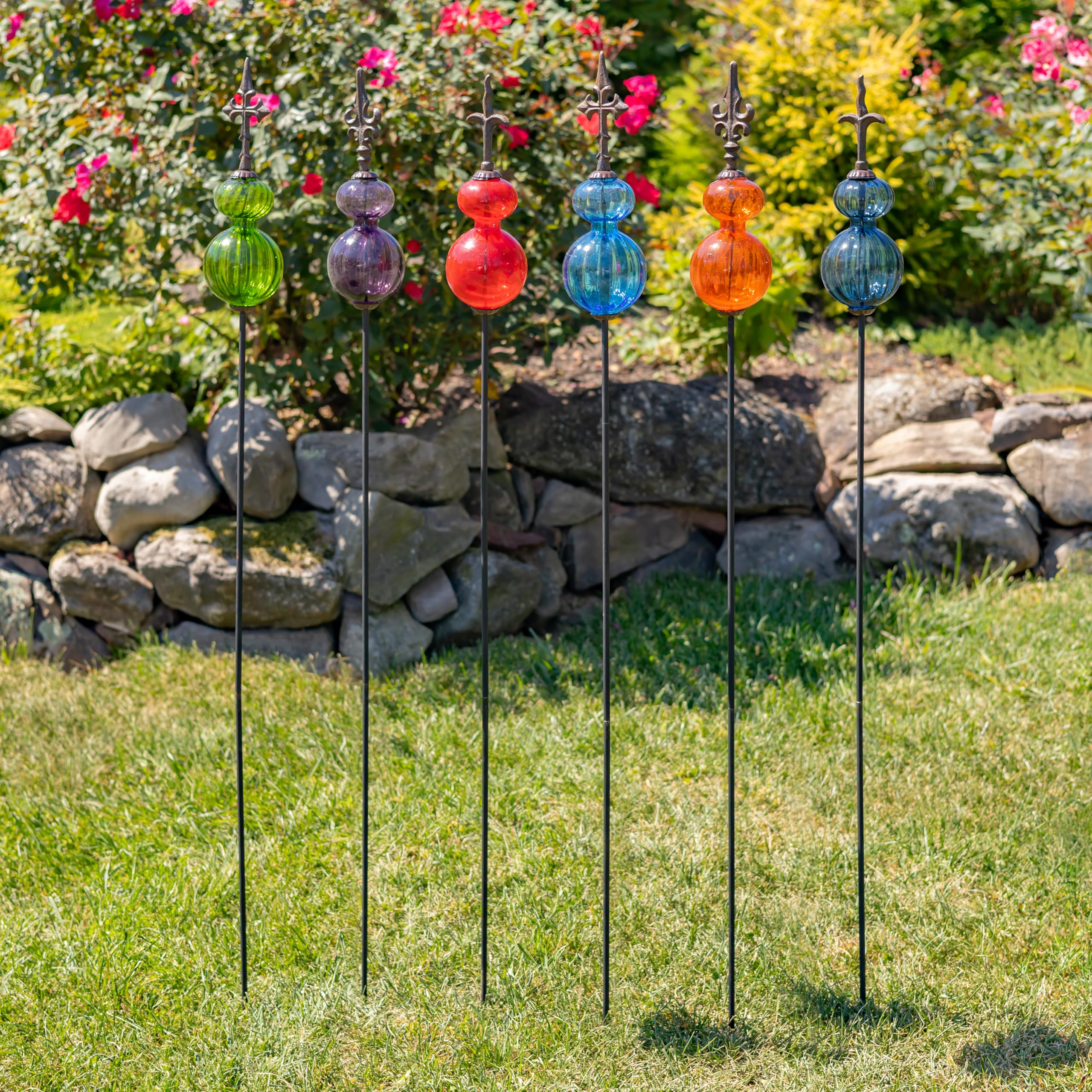 Zaer Ltd. Set of 6 Colorful Blown Glass Garden Stakes with Decorative Cast Iron Finials - Perfect for Flower Beds, Lawn Decor & Outdoor Landscaping