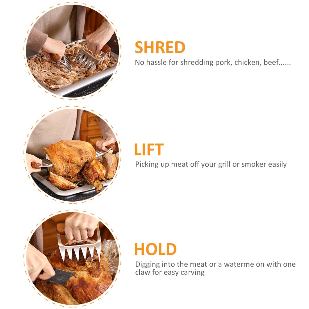 Easylife 18/8 Stainless Steel Meat Shredder Claws with Wooden Handle - BBQ Pulling Forks for Pork, Turkey, Chicken & Brisket - Perfect for Grilling, Smoking & Serving at Backyard Cookouts