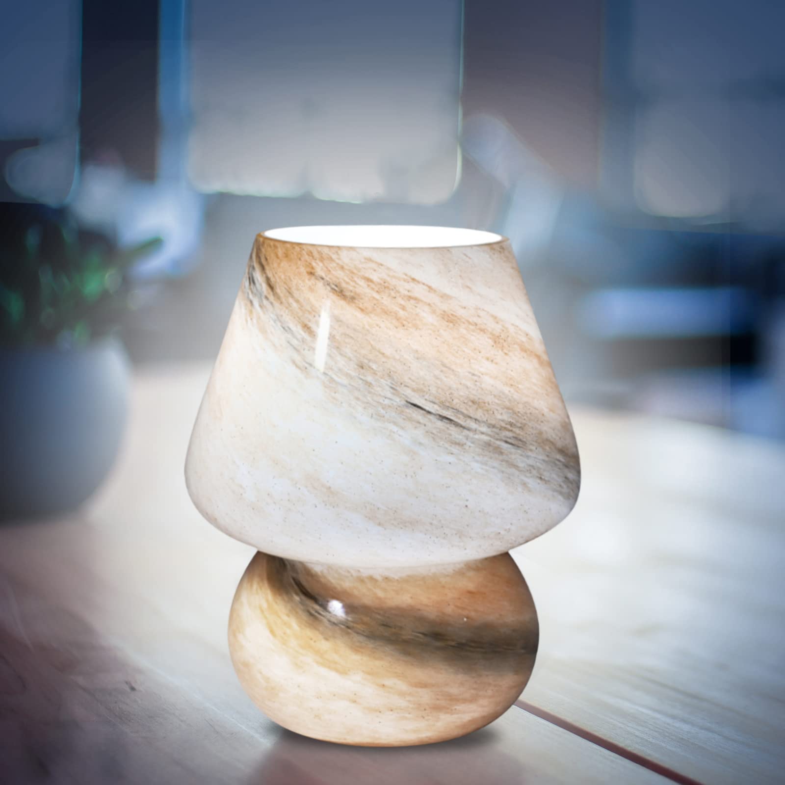 Vintage Mushroom Glass Table Lamp - 3 Color Dimmable Bedside Light with Swirl Veins Design for Living Room, Bedroom & Office Decor (Brown)