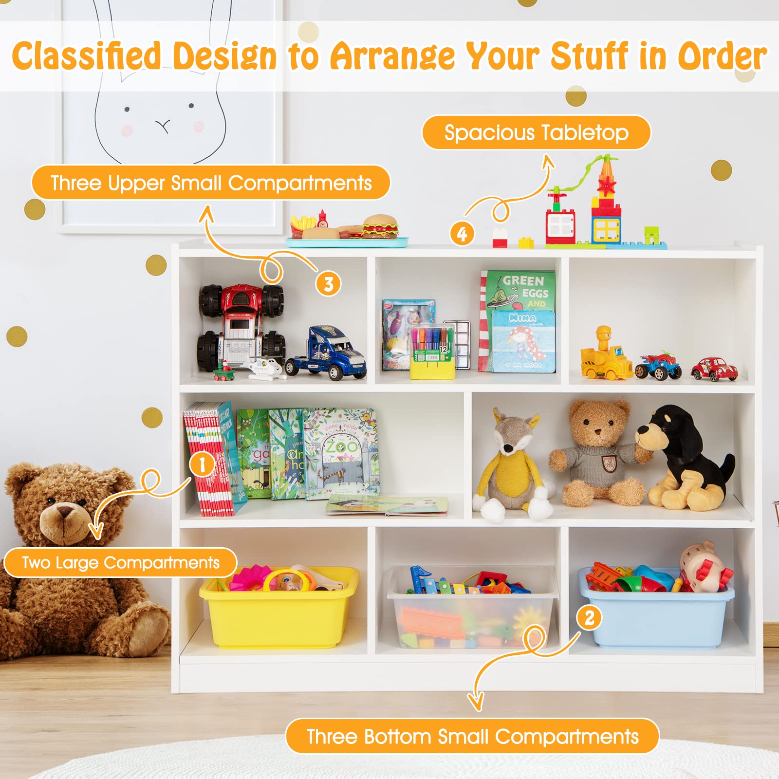 KOTEK Kids Bookshelf - 8 Cubby Toy Storage Organizer & Wooden 4-Tier Bookcase Cabinet | Open Display Shelf for Nursery, Playroom, School, Living Room & Bedroom | Perfect for Organizing Toys, Books & Decor (White, 8 Cubes)