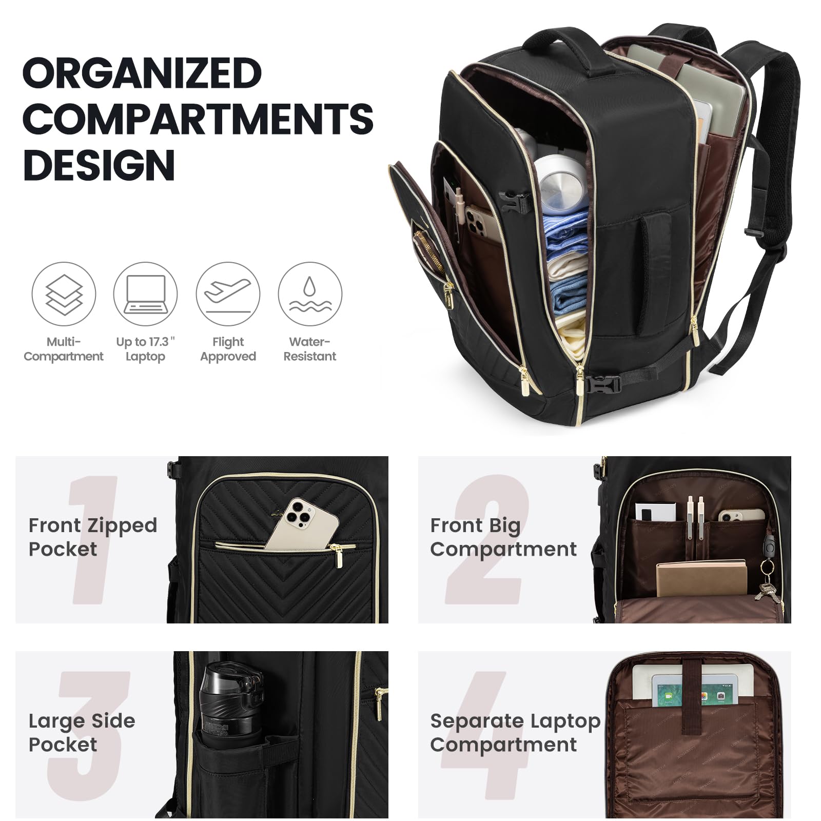 LOVEVOOK Large Travel Backpack for Women - Flight Approved Carry On Backpack with USB Charging Port & 3 Packing Cubes, Waterproof 17 Inch Laptop Backpack for Business Travel, Commuting & Weekend Getaways