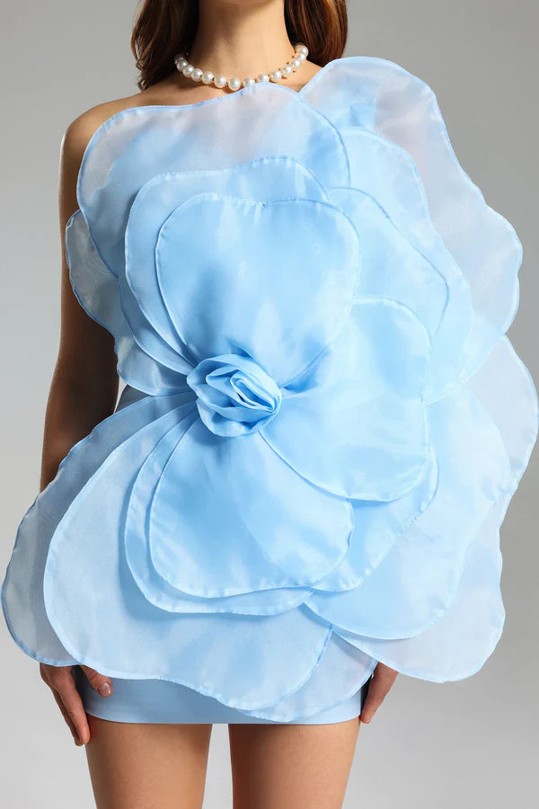 3D Voluminous Organza Floral Mini Dress in Blue - Elegant Party Wear for Weddings, Prom & Special Occasions