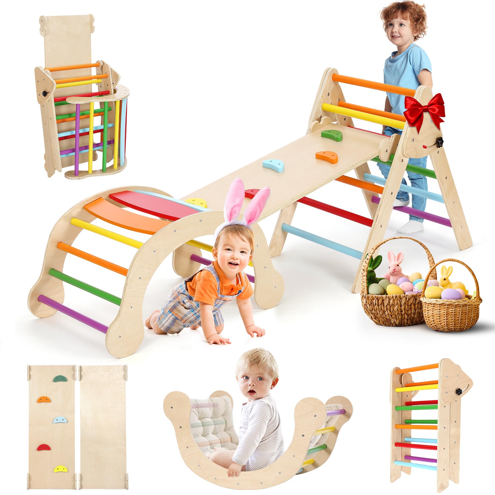 YOLEO 7-in-1 Foldable Pikler Triangle Set - Large Montessori Wooden Climbing Toys for Toddlers Ages 1-3 | Indoor Playground & Jungle Gym Playset with Rainbow Arch | Perfect for Home Playrooms, Daycares & Montessori Classrooms