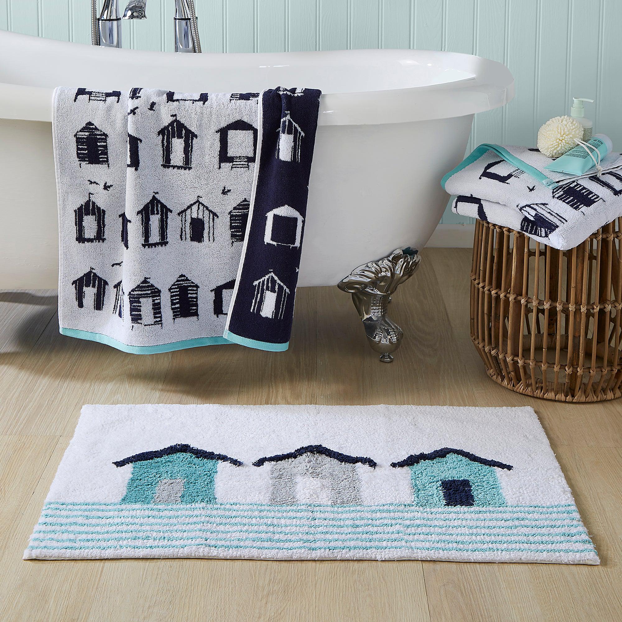 Fusion Beach Huts Bath Mat - Soft Non-Slip Bathroom Rug in Coastal Blue - Perfect for Beach House Decor & Bathroom Safety