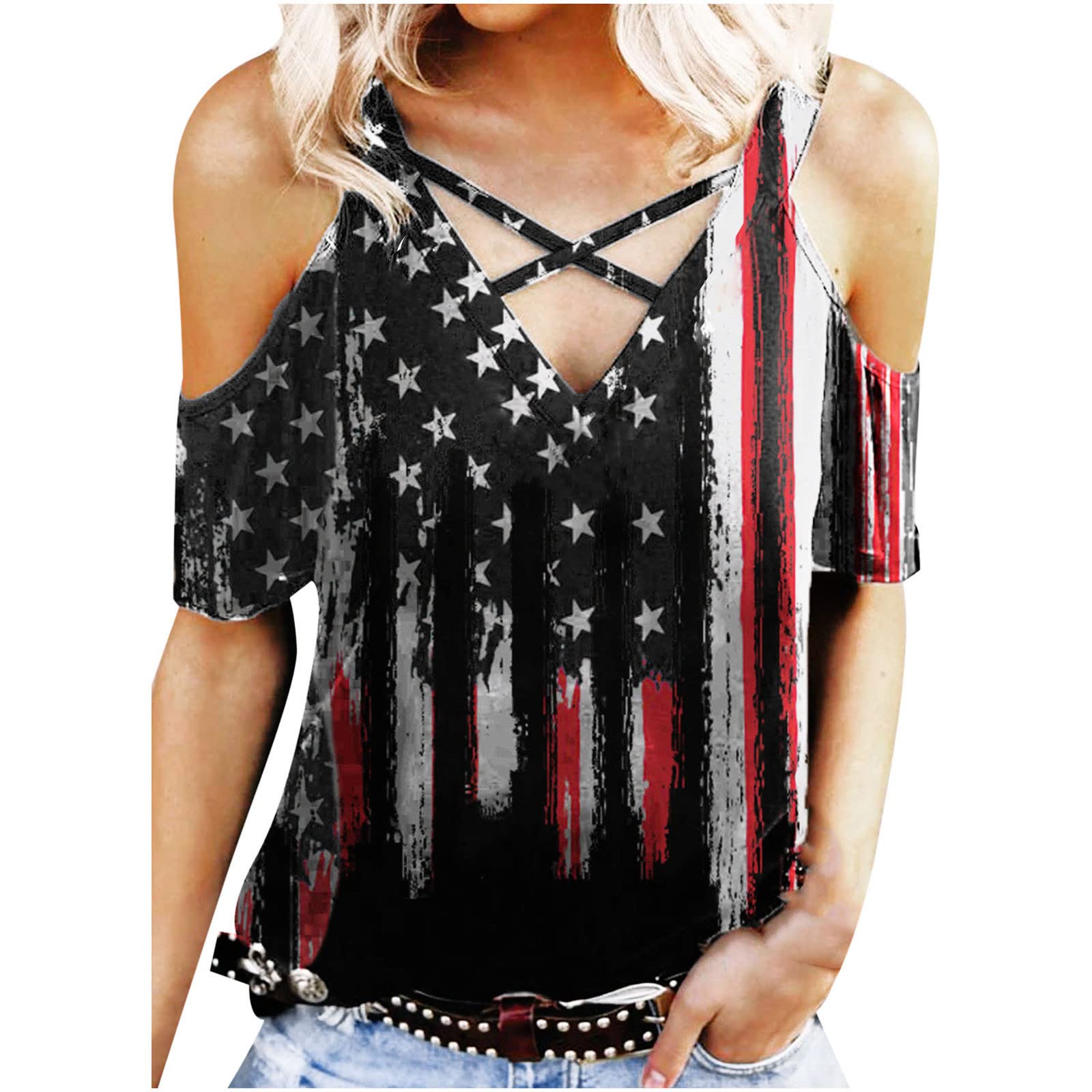 Women's V-Neck Short Sleeve Summer Tops - American Flag Print Cold Shoulder Casual T-Shirts | Perfect for 4th of July, Beach Outings & Patriotic Events
