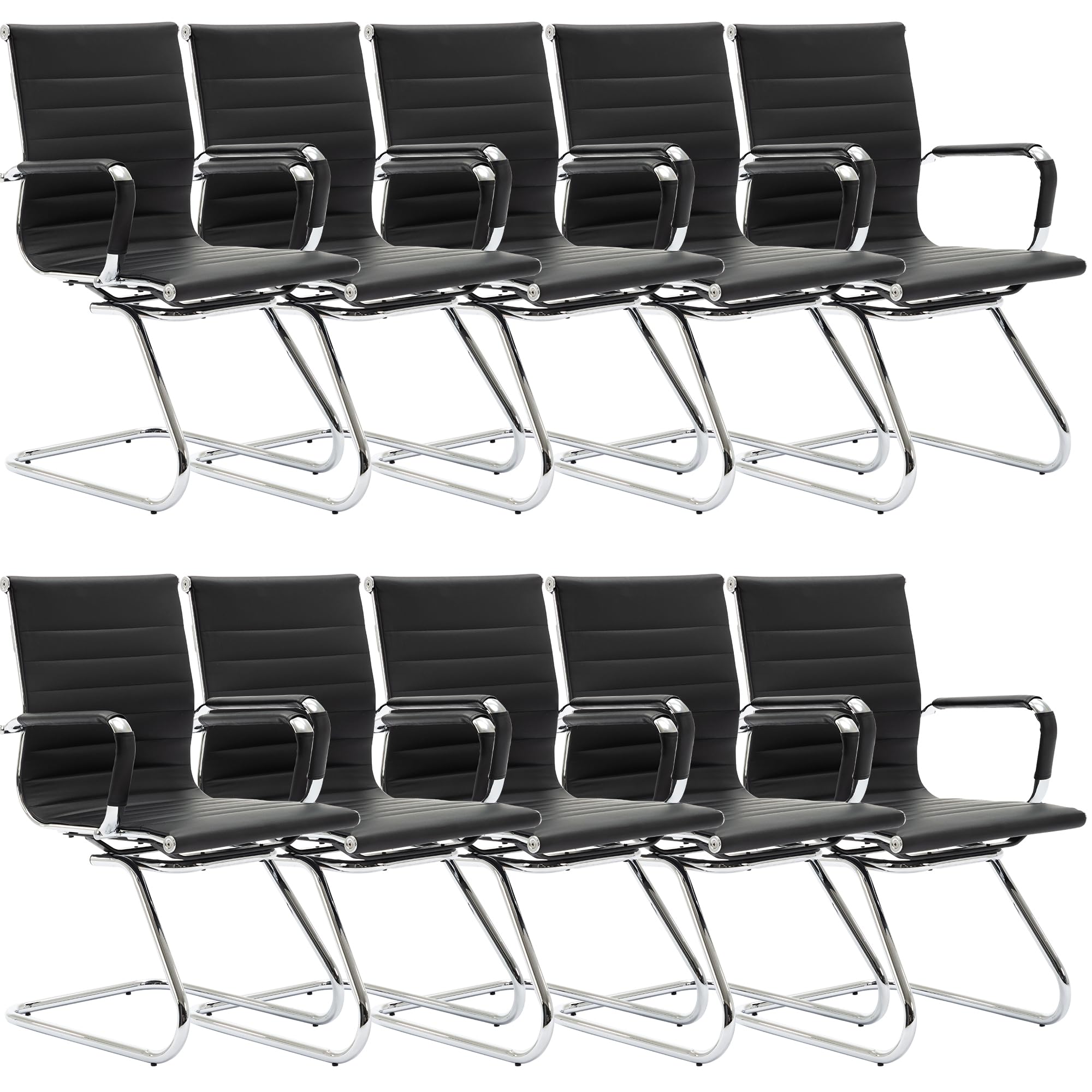 Wahson 10-Pack Black Leather Office Guest Chairs - No Wheels Mid Back Reception & Waiting Room Chairs with Sled Base - Perfect for Conference Rooms, Lobby Areas, Meeting Spaces & Restroom Seating