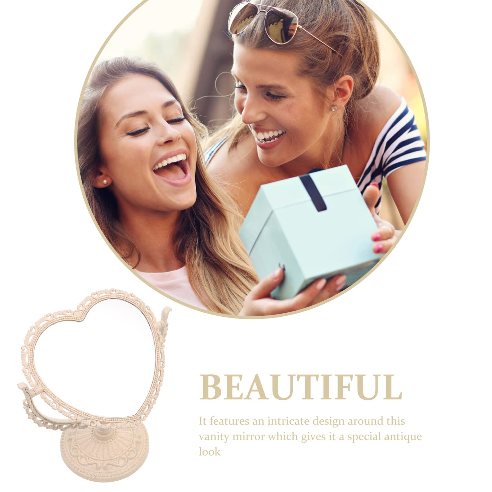 Beaupretty Heart Shaped Vanity Mirror - Double Sided 360° Rotating Makeup Mirror with Stand for Bathroom & Bedroom (Beige) | Perfect for Makeup Application, Skincare Routine, and Home Decor