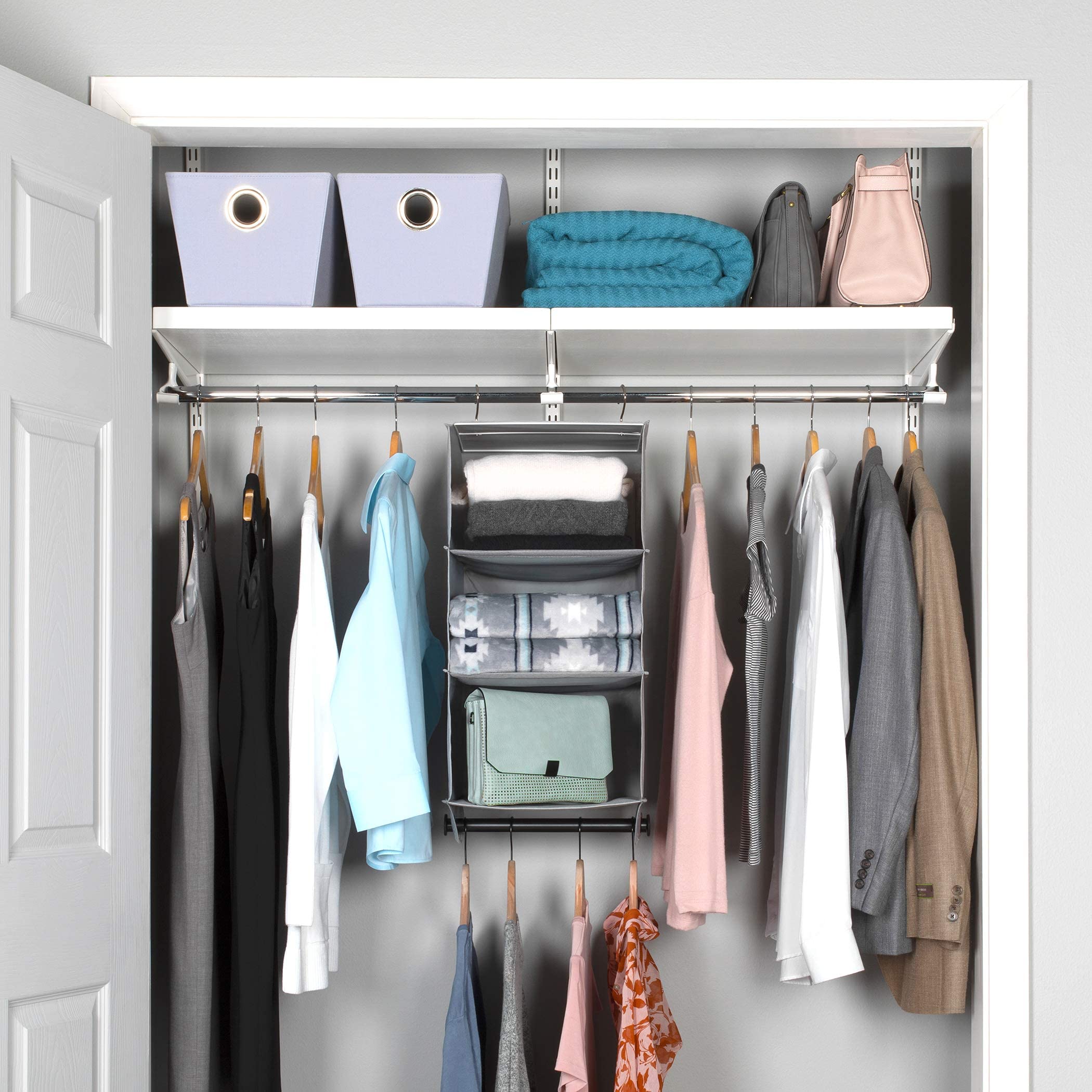 HOLDN’ STORAGE 3-Tier Hanging Closet Organizer - Space Saving Storage Shelves for Closet, Dorm, RV & Small Spaces - Grey Fabric with Black Metal Rod - 12”W x 12”D x 29.5”H - Perfect for College Dorms, Apartments & Travel Organization