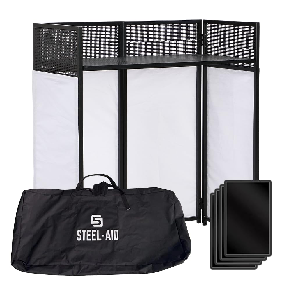 STEEL-AID Foldable Portable DJ Controller Stand with Nylon Carry Case - Professional Black & White DJ Booth for Recording Equipment & Lights | Perfect for Studio Sessions, Live Performances & Mobile DJ Gigs