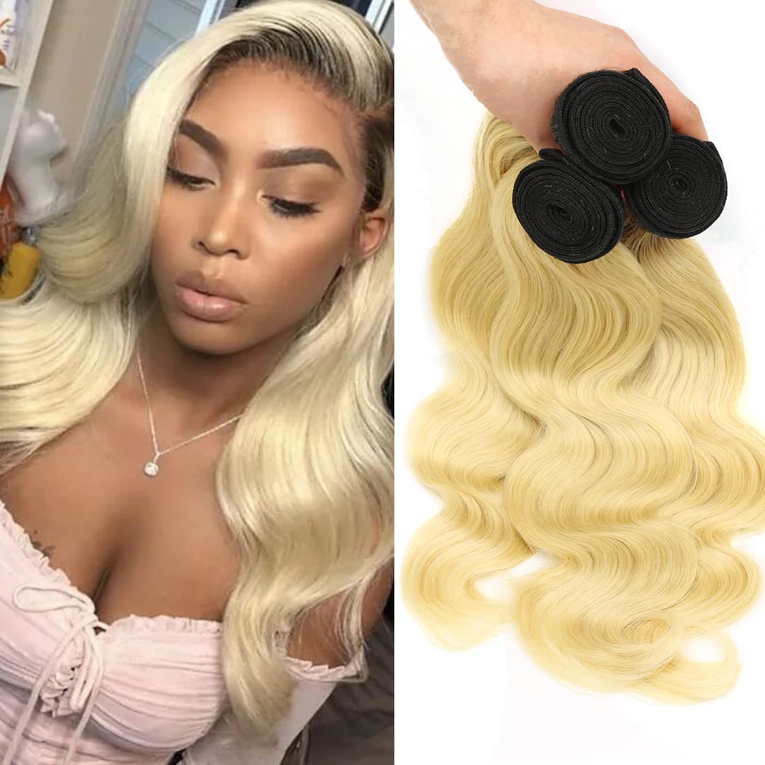 Nadula T1B613 Blonde Body Wave Human Hair Extensions - 3 Bundles 10A Brazilian 100% Remy Hair with Dark Roots & Honey Blonde Ombre - 14/16/18 Inch Wavy Weaves for Sew-In - Perfect for Daily Styling, Parties & Special Occasions