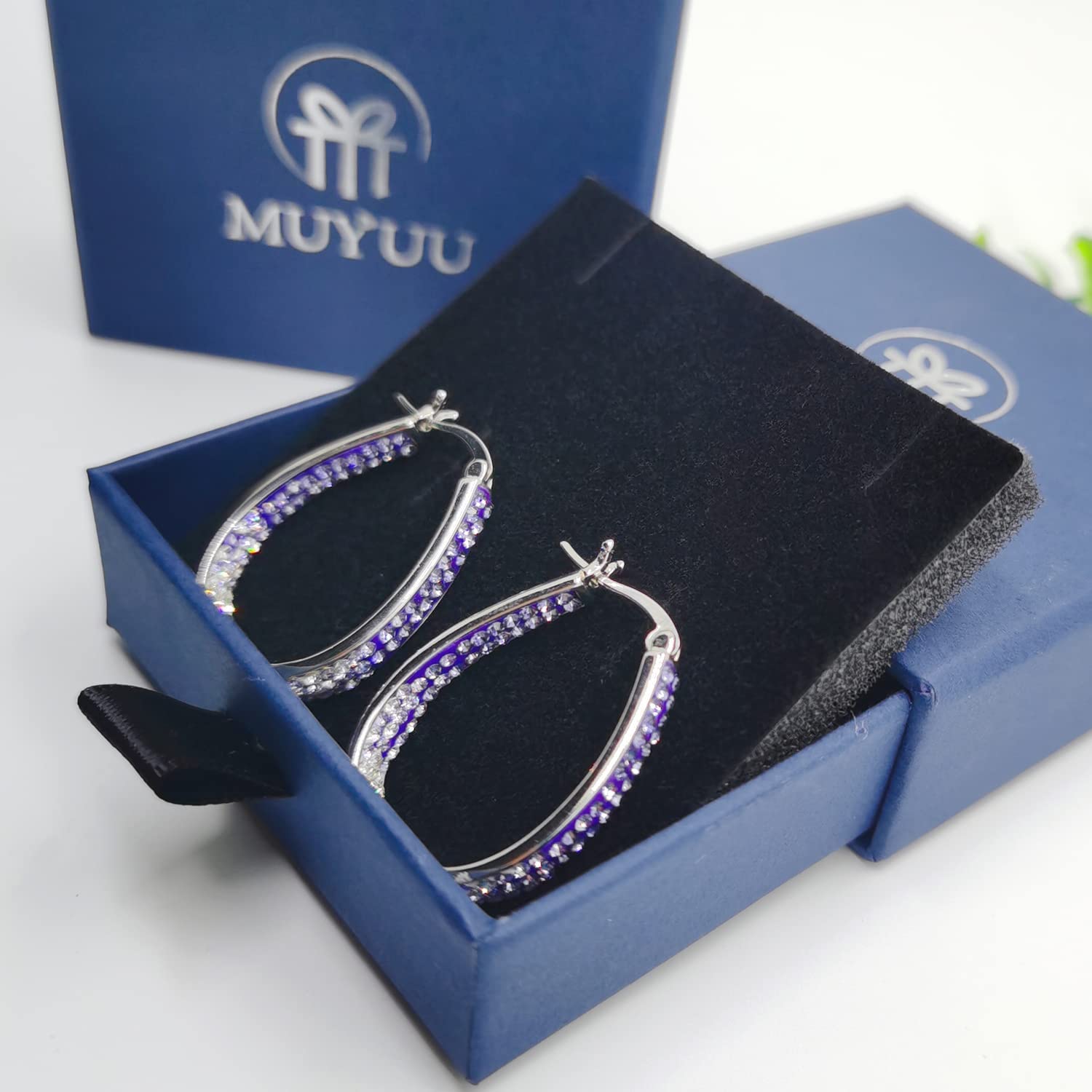 MUYUU Oval Hoop Earrings for Women - Rhodium Plated Inside Out Crystal Hoop Earrings - Trendy Fashion Jewelry for Party, Wedding & Everyday Wear