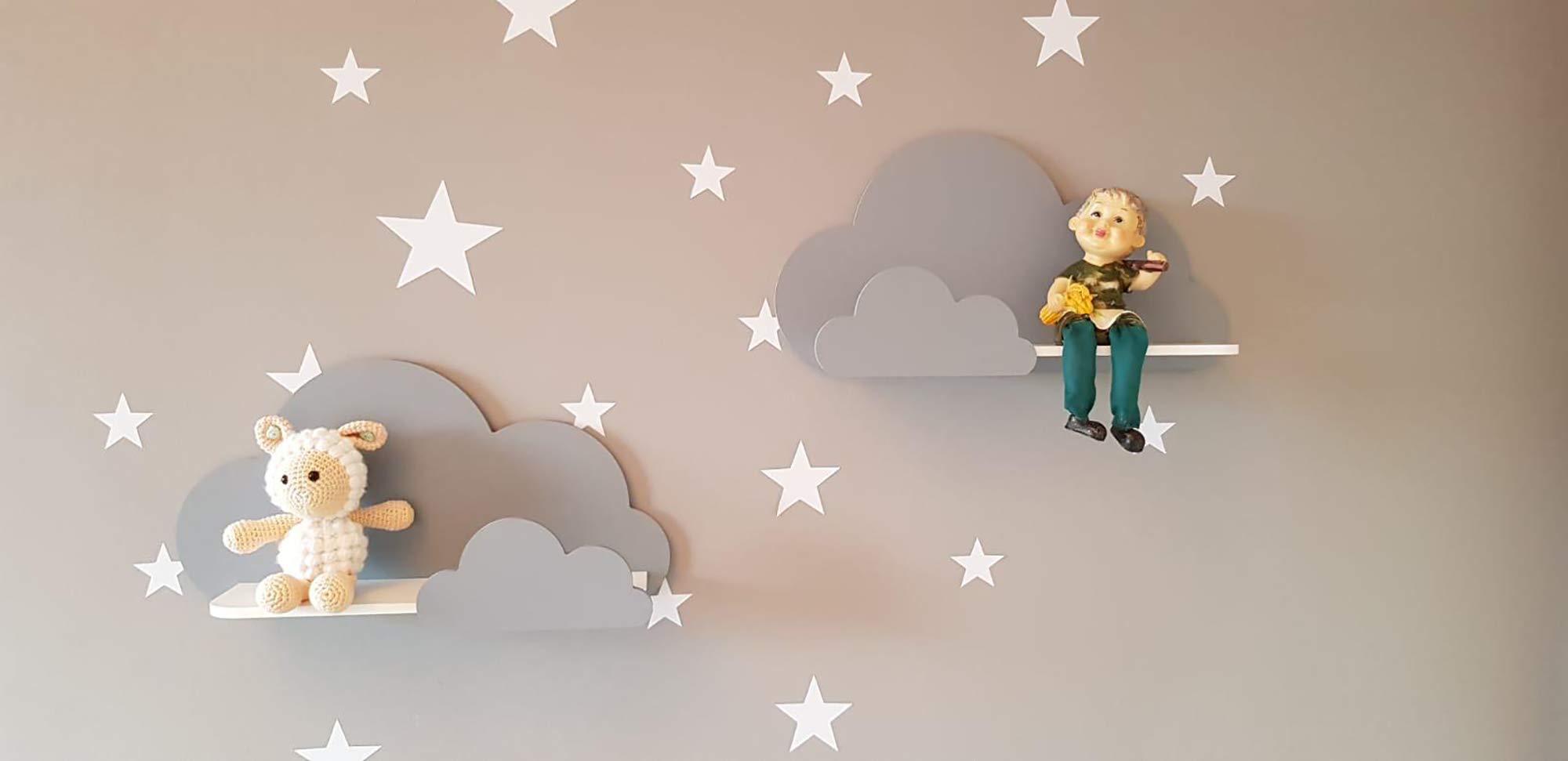 Happy Woody Set of 2 Cloud Wall Shelves - Natural Wood Floating Shelves for Nursery, Baby Room Decor, Kids Room Wall Decor - Perfect for Organizing Toys, Books, and Displaying Decorations (Soft Grey)