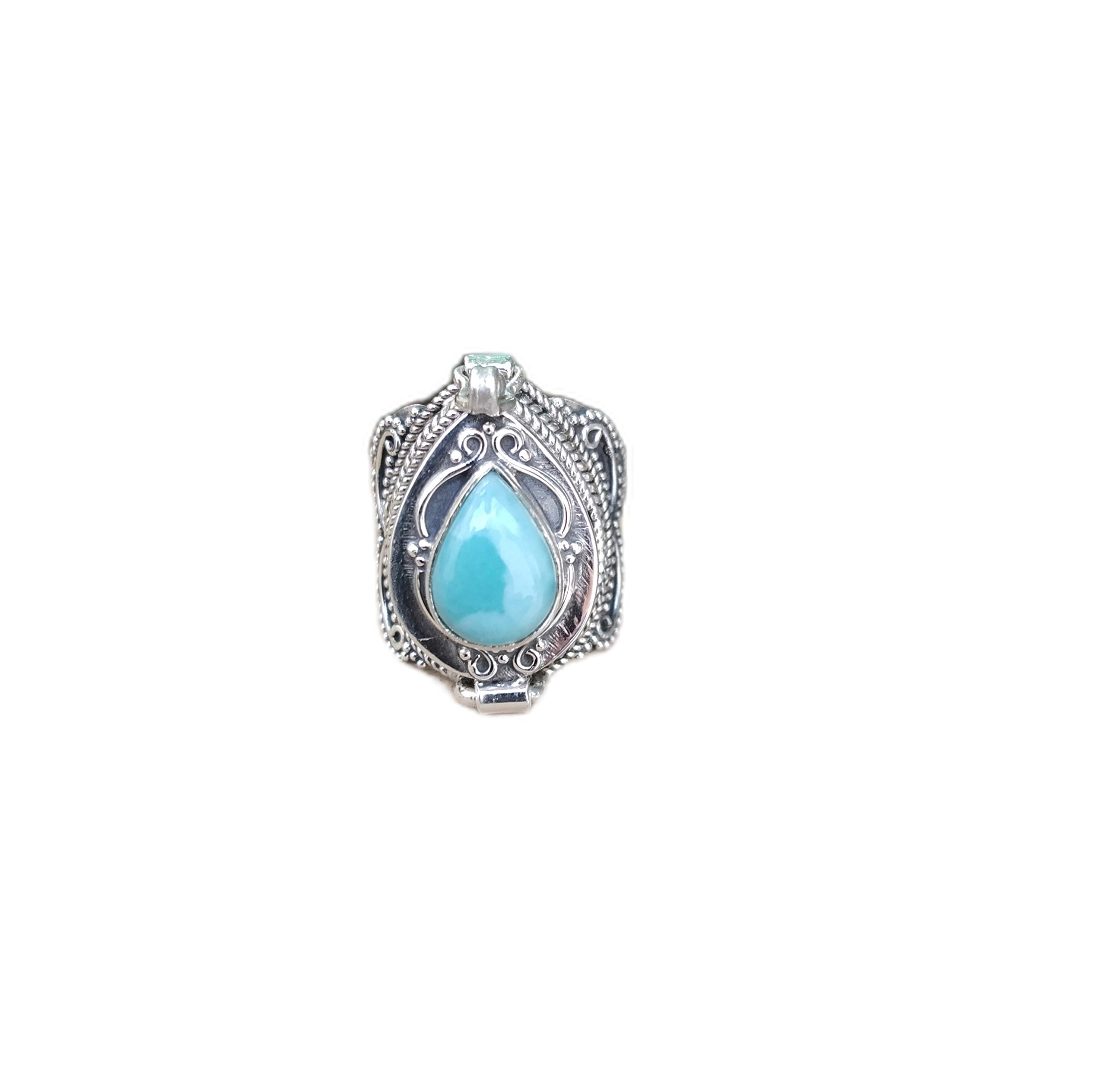 Larimar Poison Ring - Handmade 925 Sterling Silver Vintage Style Openable Secret Box Ring | Unique Mother's Day Gift for Women & Men | Perfect for Jewelry Collections, Special Occasions & Surprise Gifts
