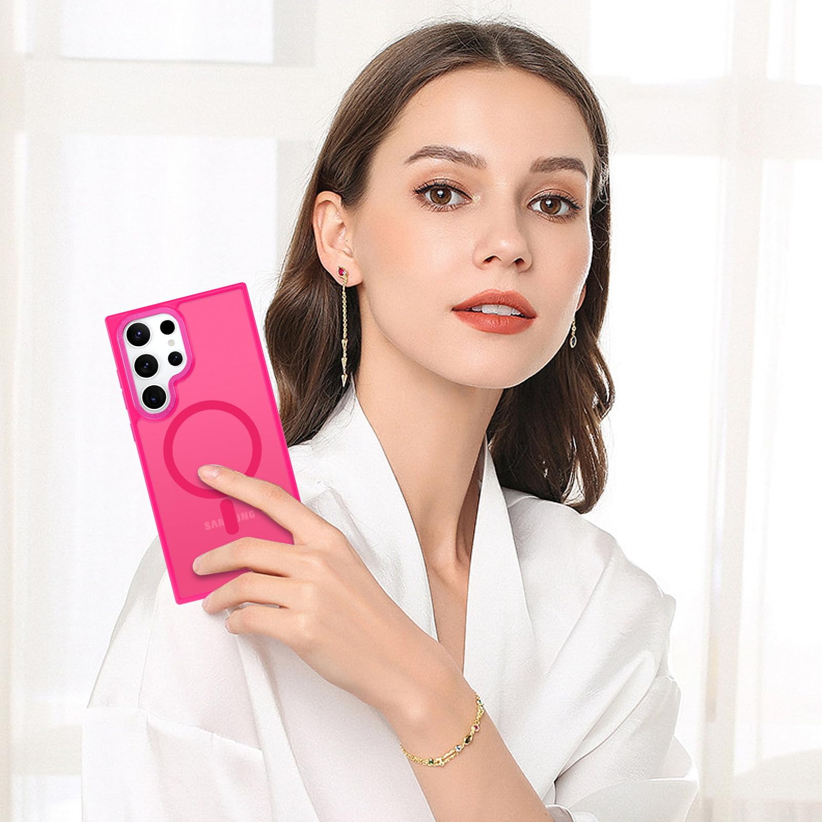 Samsung Galaxy S23 Ultra Magnetic Phone Case - Slim Translucent Matte Shockproof Cover [Magsafe Compatible] | Protective Case for Women & Men | Perfect for Work, Travel & Everyday Use | Hot Pink