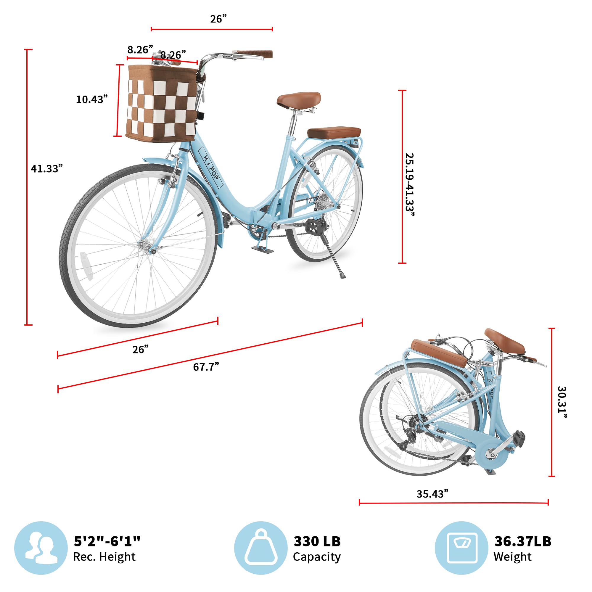 26 Inch Women's Foldable Beach Cruiser Bike with Basket & Adjustable Seat - 7 Speed Commuter Bicycle for Women - Sturdy Durable Frame, Easy Assembly - Perfect for Beach Rides, City Commuting & Leisure Cycling
