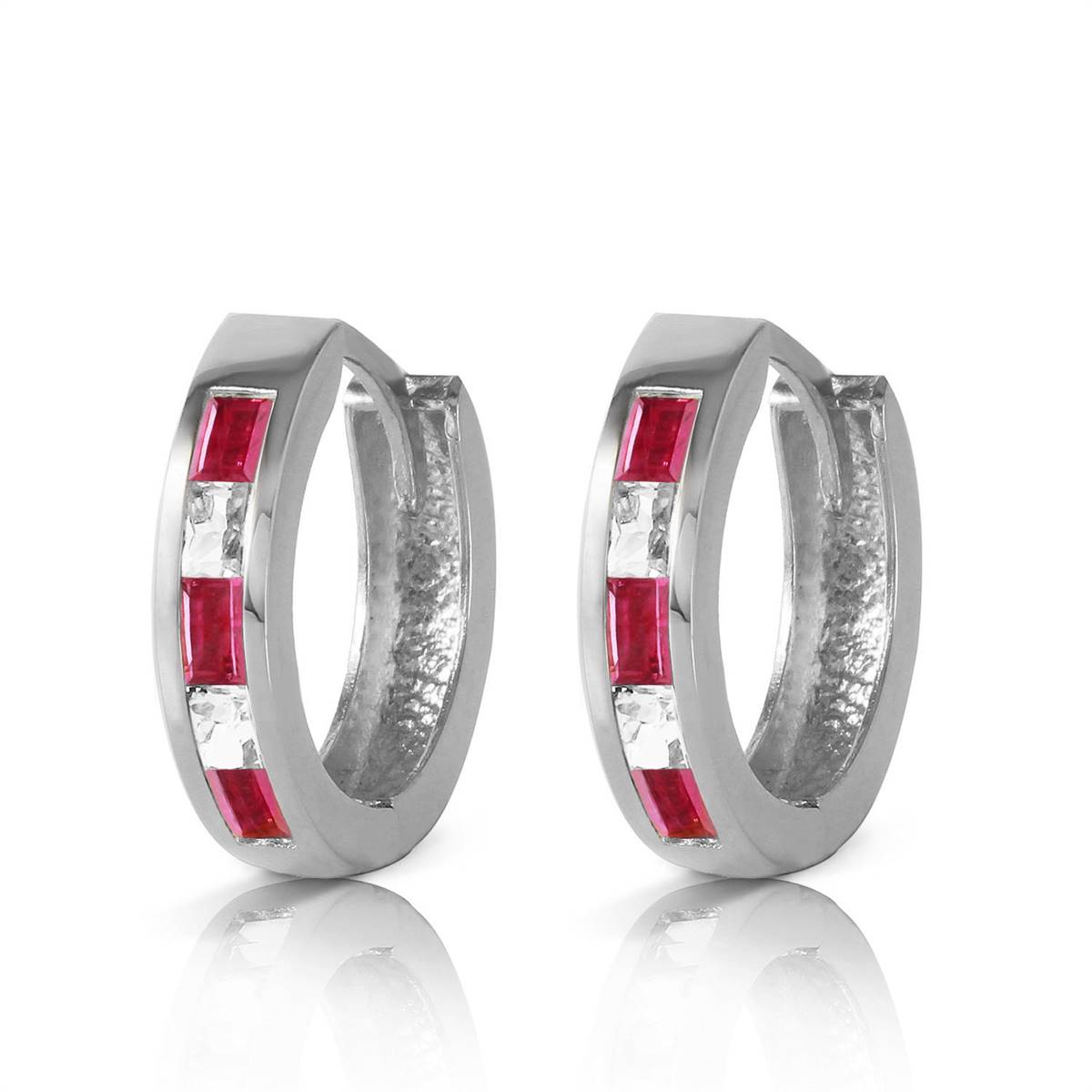 1.26 Carat 14K Solid White Gold Hoop Earrings with Natural Ruby & White Topaz - Elegant Jewelry for Women, Perfect for Weddings, Parties & Special Occasions