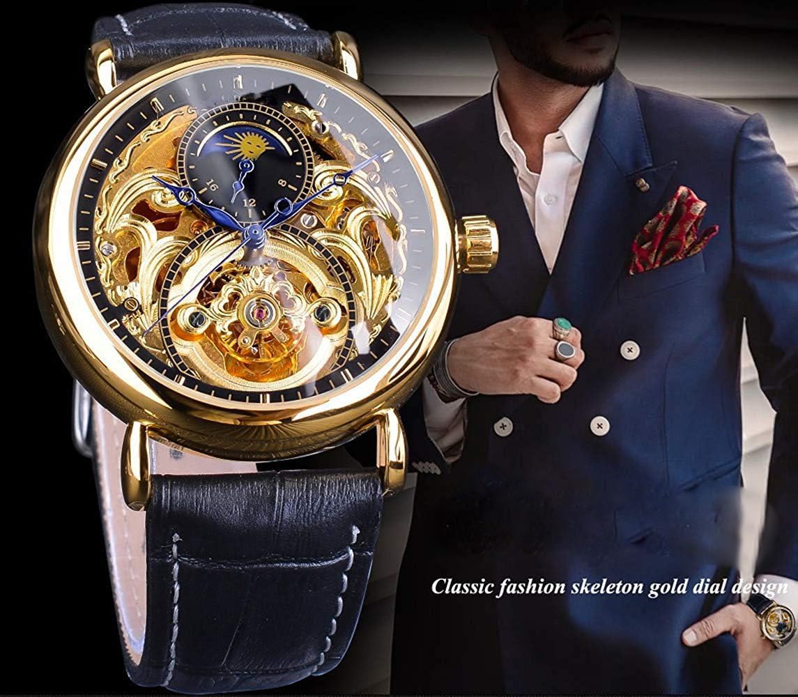 Carlien Men's Automatic Watch Gold Tourbillon Skeleton Moon Phase Waterproof Stainless Steel Wristwatch for Business, Formal & Casual Wear