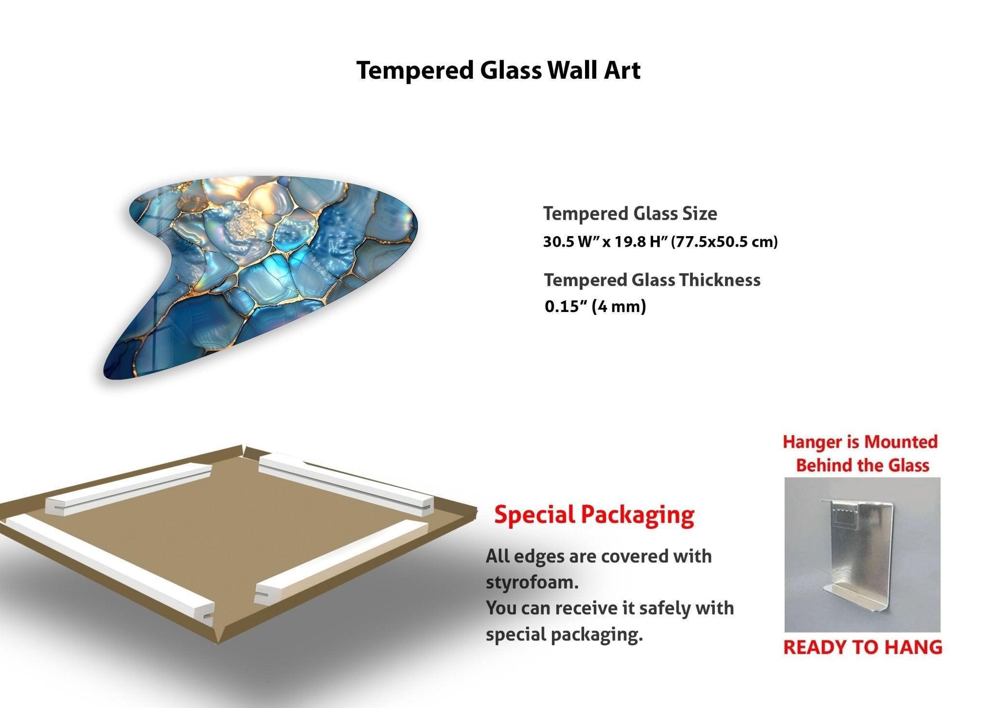 Abstract Blue Marbled Glass Wall Art - Modern Handmade Home Decor for Living Room, Bedroom & Office - Unique Textured Glass Panel for Contemporary Interior Design