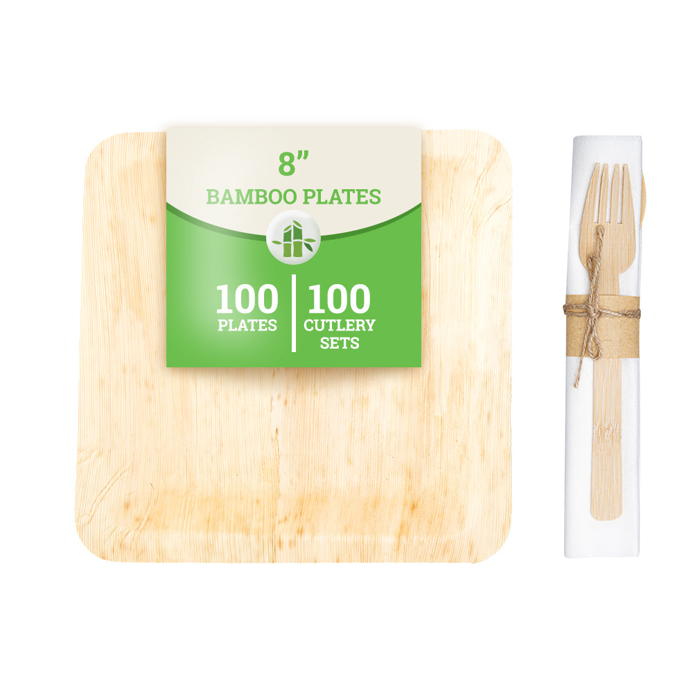 Eco-Friendly 100-Piece Bamboo Leaf Plates & 100-Piece Bamboo Flatware Set - Biodegradable Disposable Dinnerware for Parties, Picnics, BBQs & Sustainable Events
