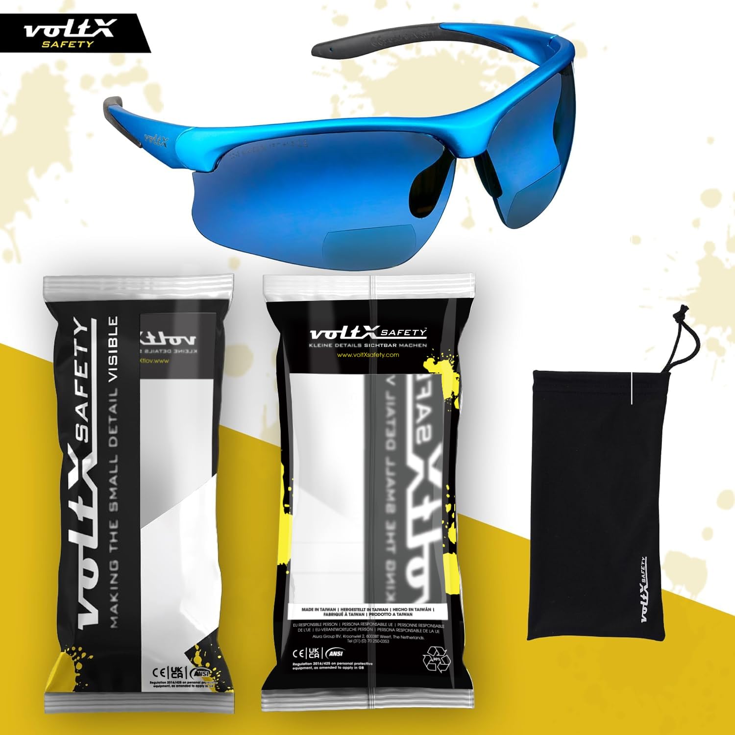 VoltX CONSTRUCTOR ULTIMATE Bifocal Safety Glasses - Blue Frame with Blue Mirror Lens +1.5 Dioptre - CE EN166FT Certified - Anti-Fog UV400 Protection - Premium Cycling & Sports Eyewear - Ideal for Construction, Woodworking, and Outdoor Activities