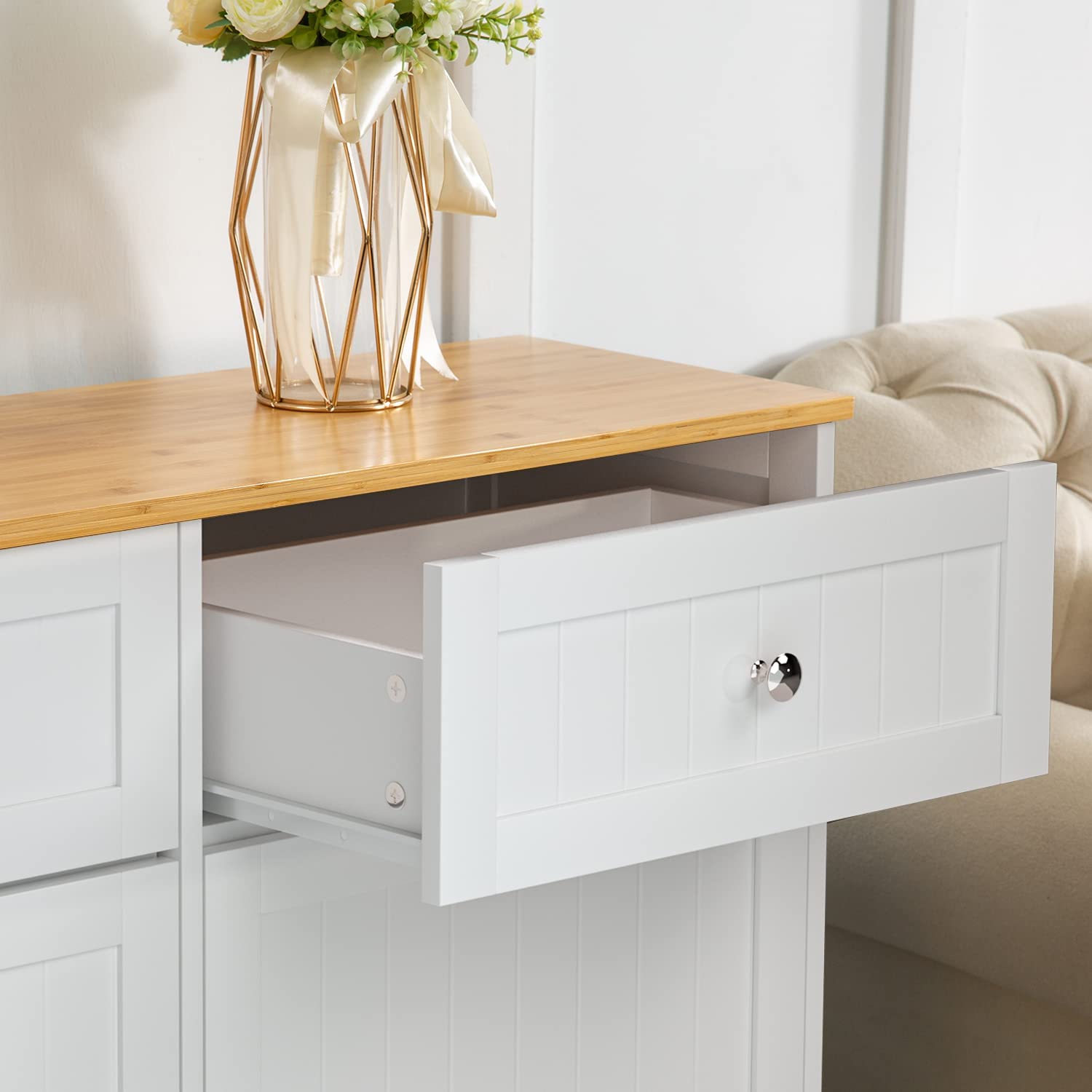 Upgraded GAZHOME 20 Gallon Double Tilt-Out Trash Cabinet with Built-in Charging Station & Hideaway Drawer - White Wooden Free-Standing Recycling Bin Organizer for Kitchen, Bathroom, or Office Use