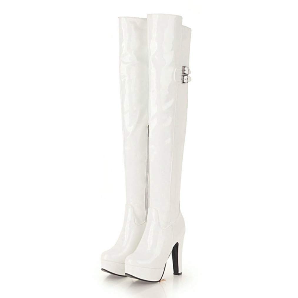 Sexy Women's Over The Knee Boots with Buckles - Waterproof Patent Leather, Side Zipper, Chunky High Heel Platform Boots for Women & Girls - Perfect for Night Out, Party & Winter Fashion