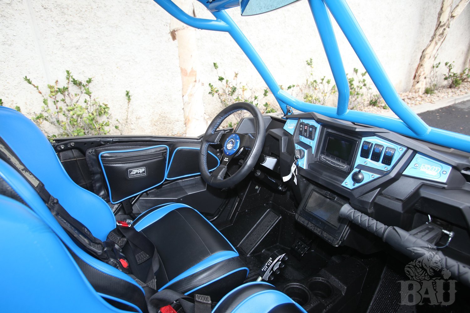 Black Leather Steering Wheel with Blue Stitch & Blue Horn Ring - Premium UTV Steering Wheel for Off-Road Vehicles, ATVs & Side-by-Sides - Durable & Comfortable Grip for Adventure Rides