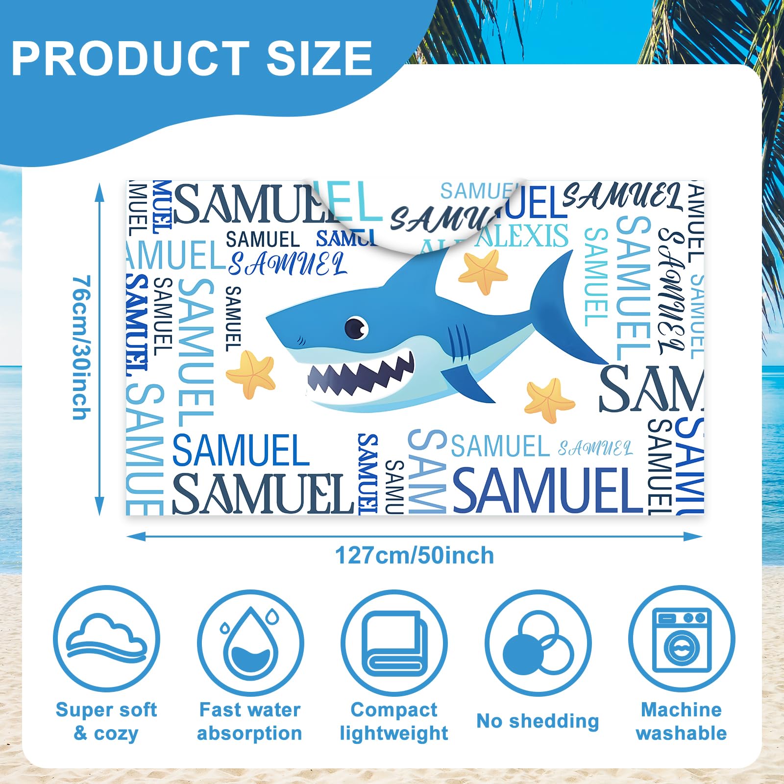 Personalized Kids Hooded Beach Towel with Name - Microfiber Quick Dry Sand Free Pool Towel for Boys & Girls Ages 3-10 | Soft Bath & Swim Towel with Hood (Shark Design) - Perfect for Beach, Pool, Swimming Lessons & Summer Vacations