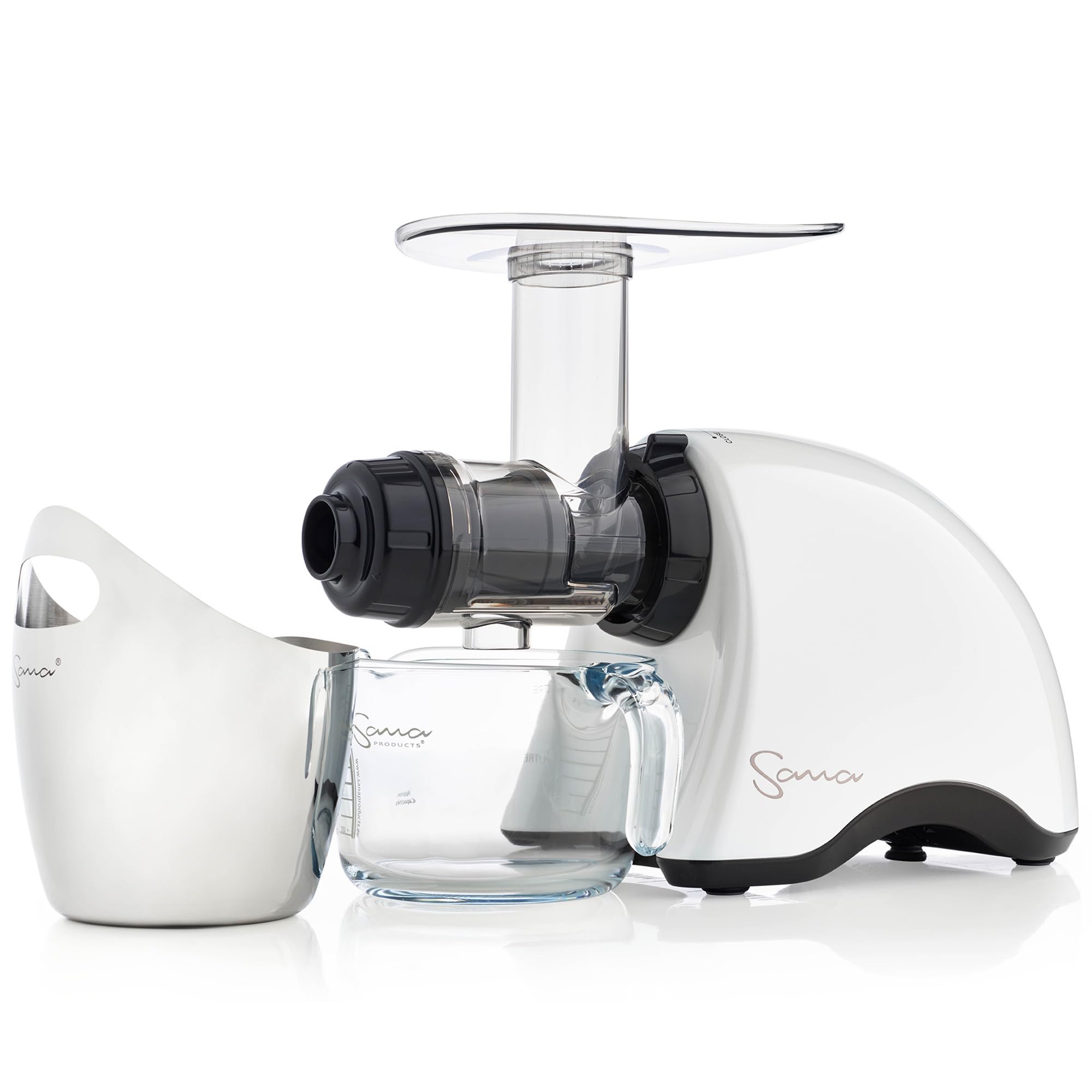 Premium SANA 707 Cold Press Slow Juicer - Horizontal Single Auger Masticating Juicer for Fruits & Vegetables | Powerful Motor, Auto Feed, Easy Cleaning | Make Fresh Juice, Nut Milk, Baby Food & Frozen Desserts | Includes Celery Attachment & Pasta Extruder | Compact Design, 15-Year Warranty, White