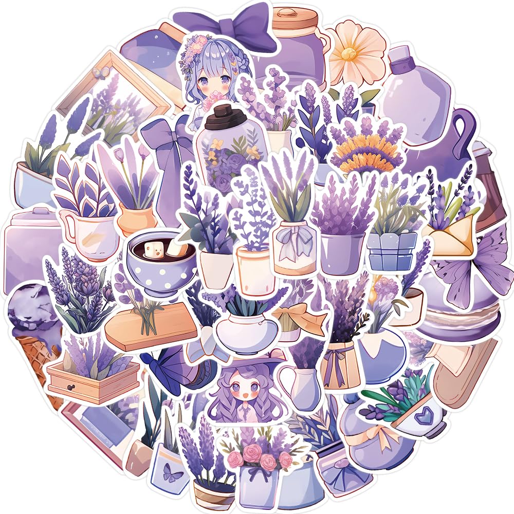 50Pcs Lavender Flower Stickers - Waterproof Vinyl Decals for Water Bottles, Laptop, Luggage, Cup, Phone & Skateboard - Perfect for DIY Crafts, Scrapbooking & Personalizing Accessories