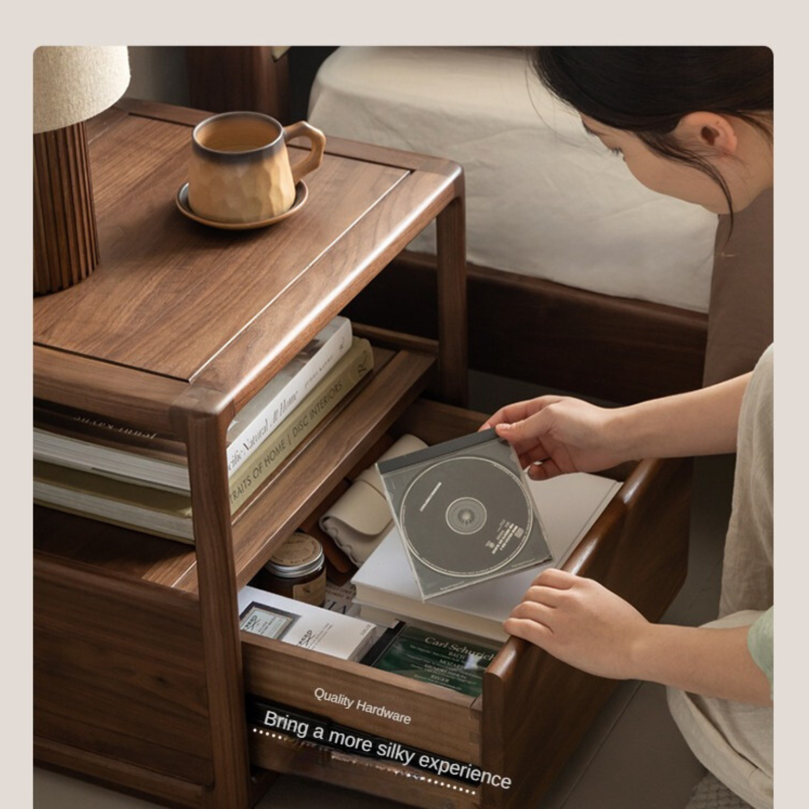 Premium Black Walnut Solid Wood Nightstand with Locking Storage | Modern Bedside Table for Bedroom, Living Room & Office | Durable Wooden Cabinet with Secure Drawer