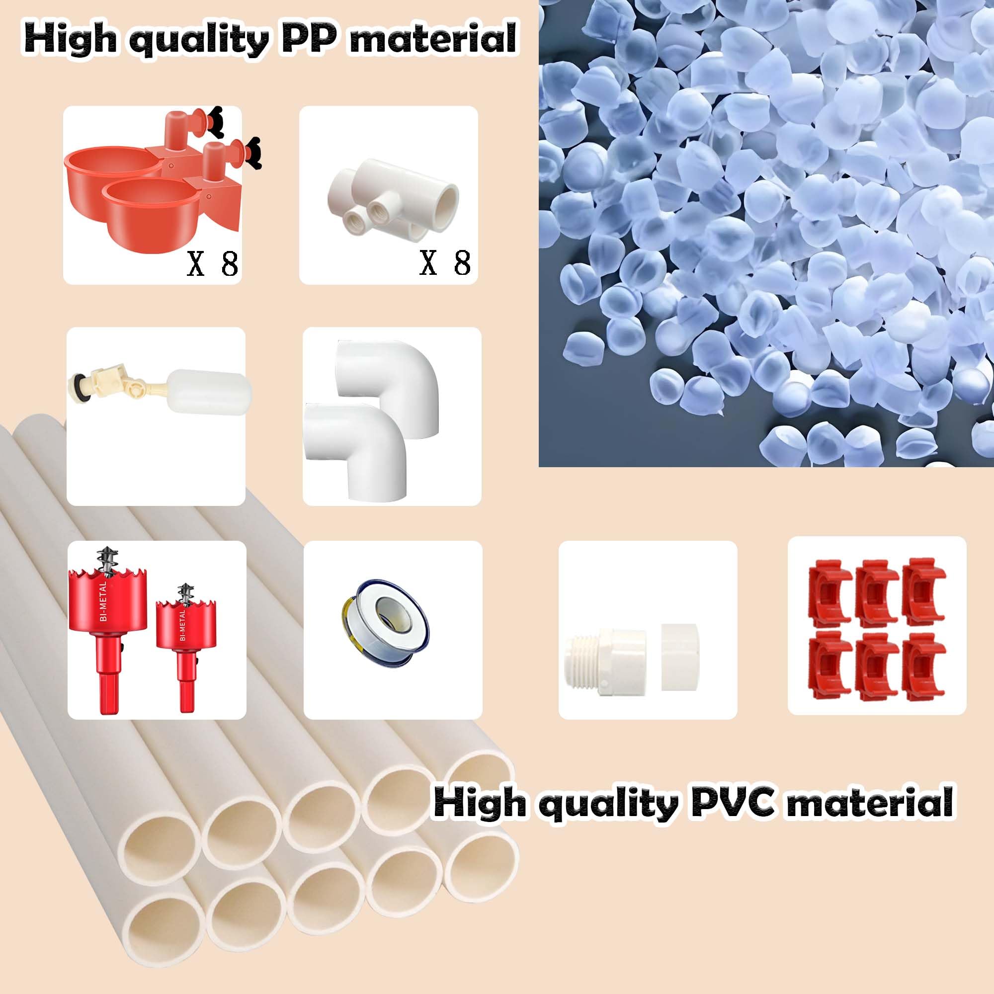 Automatic Chicken Waterer Cups Complete Set with PVC Pipe, Tee Fittings & Pressure Regulator - Poultry Feeding & Watering System for Coops, Farms, and Backyard Chicken Raising