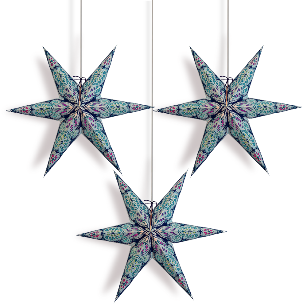 3 Pack Turquoise Blue Peacock Glitter 24 Inch LED Star Lanterns with 6 Points - Includes LED Bulbs & Lamp Cord - Perfect for Christmas, Parties, Weddings & Home Decor