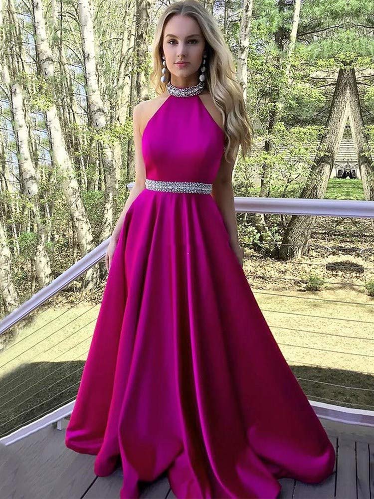 Honeydress Women's Elegant Beaded Halter Neck Prom Dress - Satin Backless Formal Gown for Graduation, Homecoming & Special Occasions