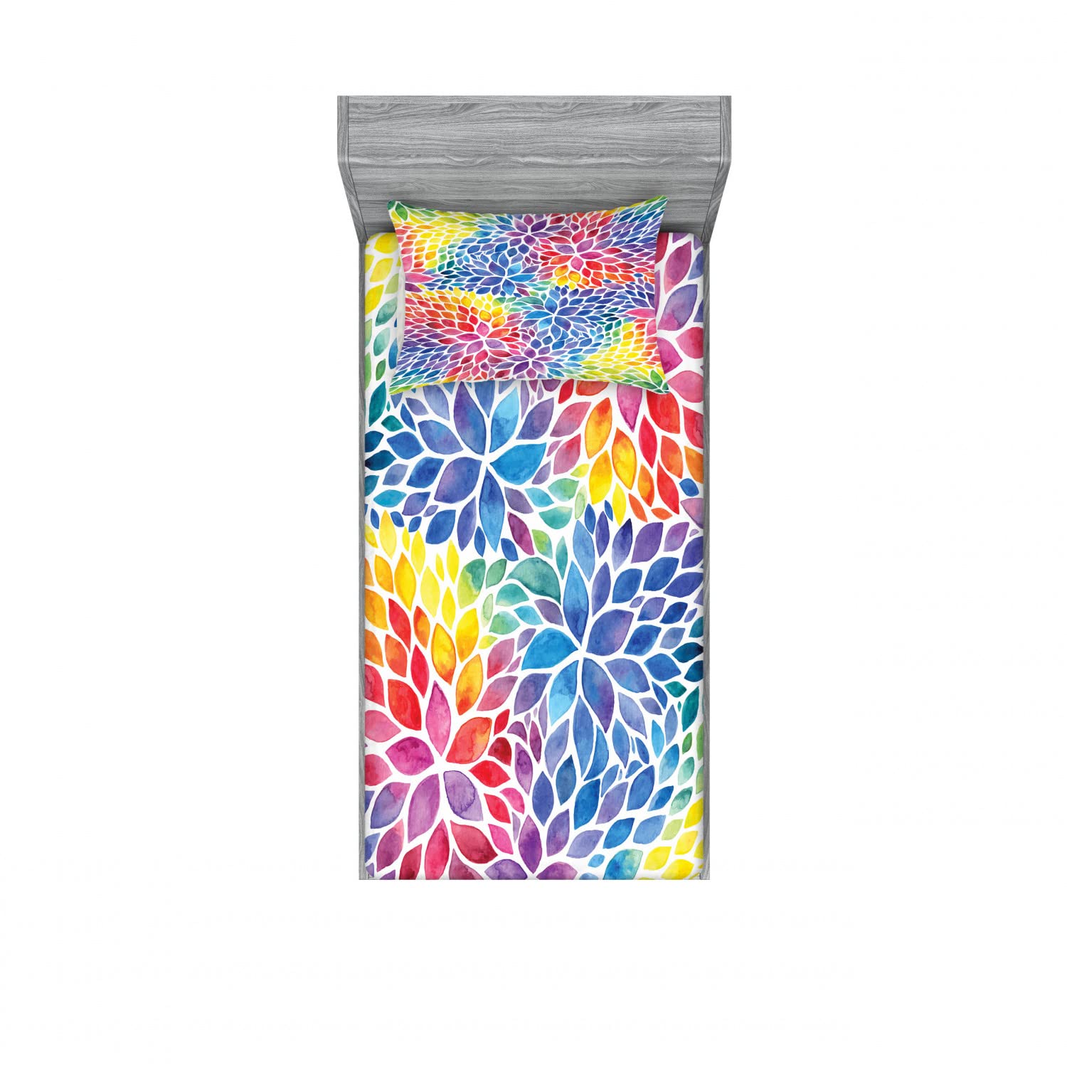 Ambesonne 2-Pack Twin XL Fitted Sheet & Pillow Sham Set - Rainbow Leaves Pattern, 4-Piece Bedding Decor, Soft Microfiber for Comfortable Sleep - Perfect for Kids Rooms, Guest Beds & Dorm Essentials
