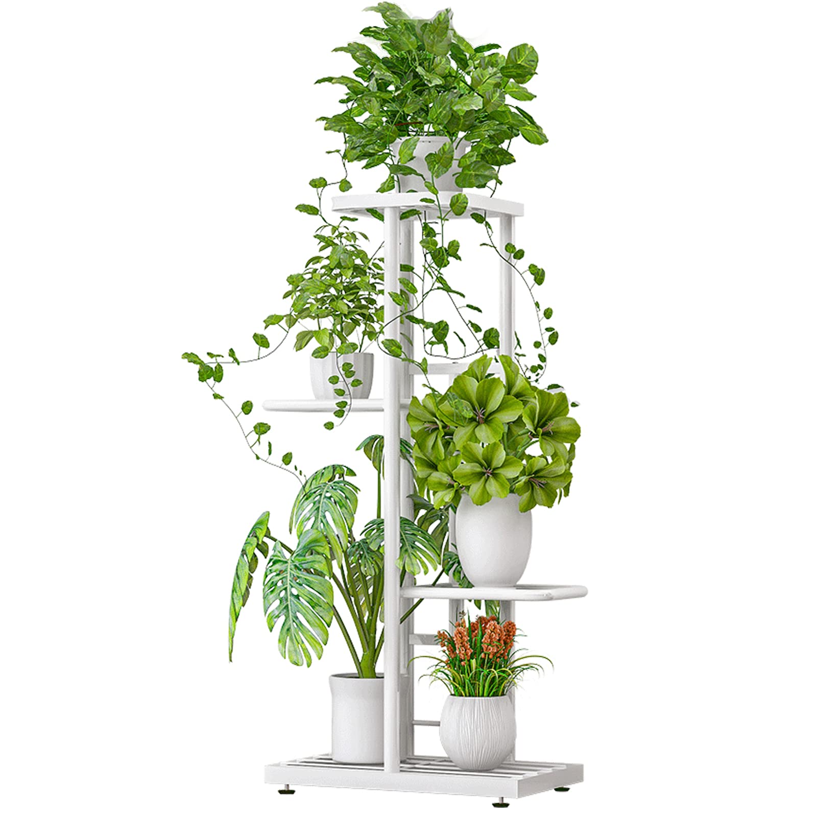 4-Tier Metal Plant Stand Indoor Outdoor - 5 Potted Flower Holder Shelf for Garden, Patio, Balcony & Living Room - White Planter Display Shelving Unit for Home Decor & Plant Lovers