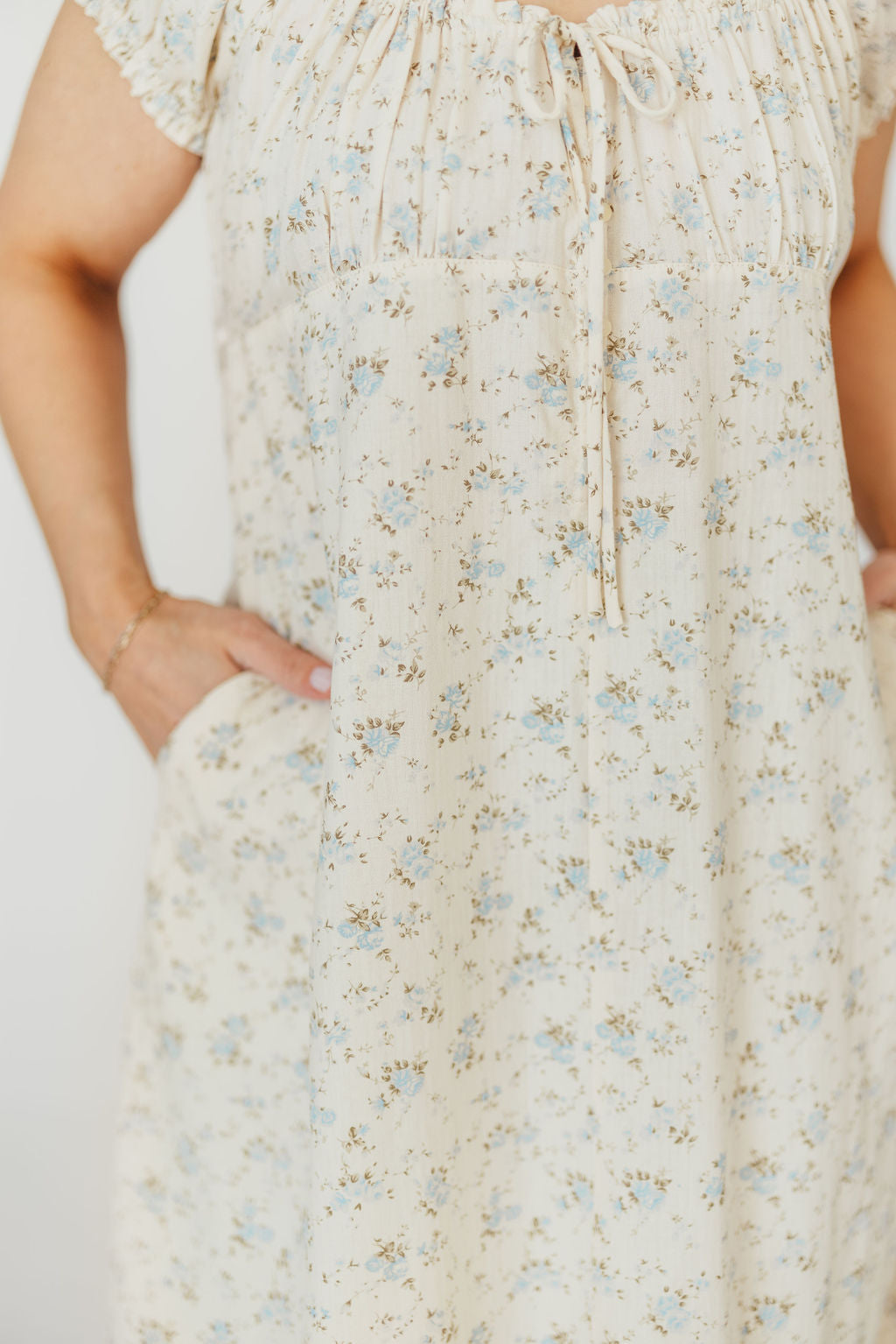 Marley 100% Cotton Midi Dress - Ivory & Blue Floral Print | Bump Friendly Maternity Dress | Perfect for Baby Showers, Brunch & Summer Outings
